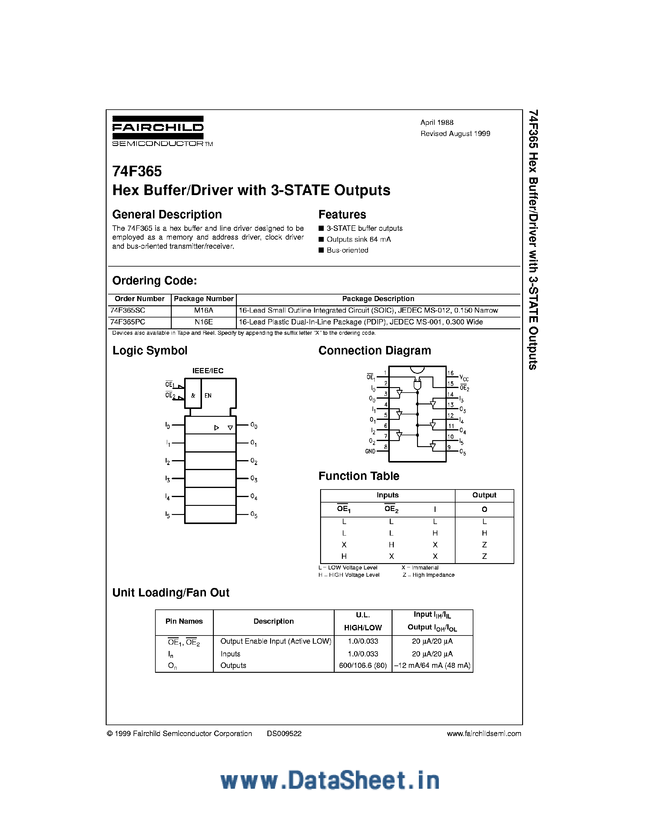 Datasheet 74F365 page 1 Datasheet 74F365 - Hex Buffer / Driver with 3-State Outputs page 1