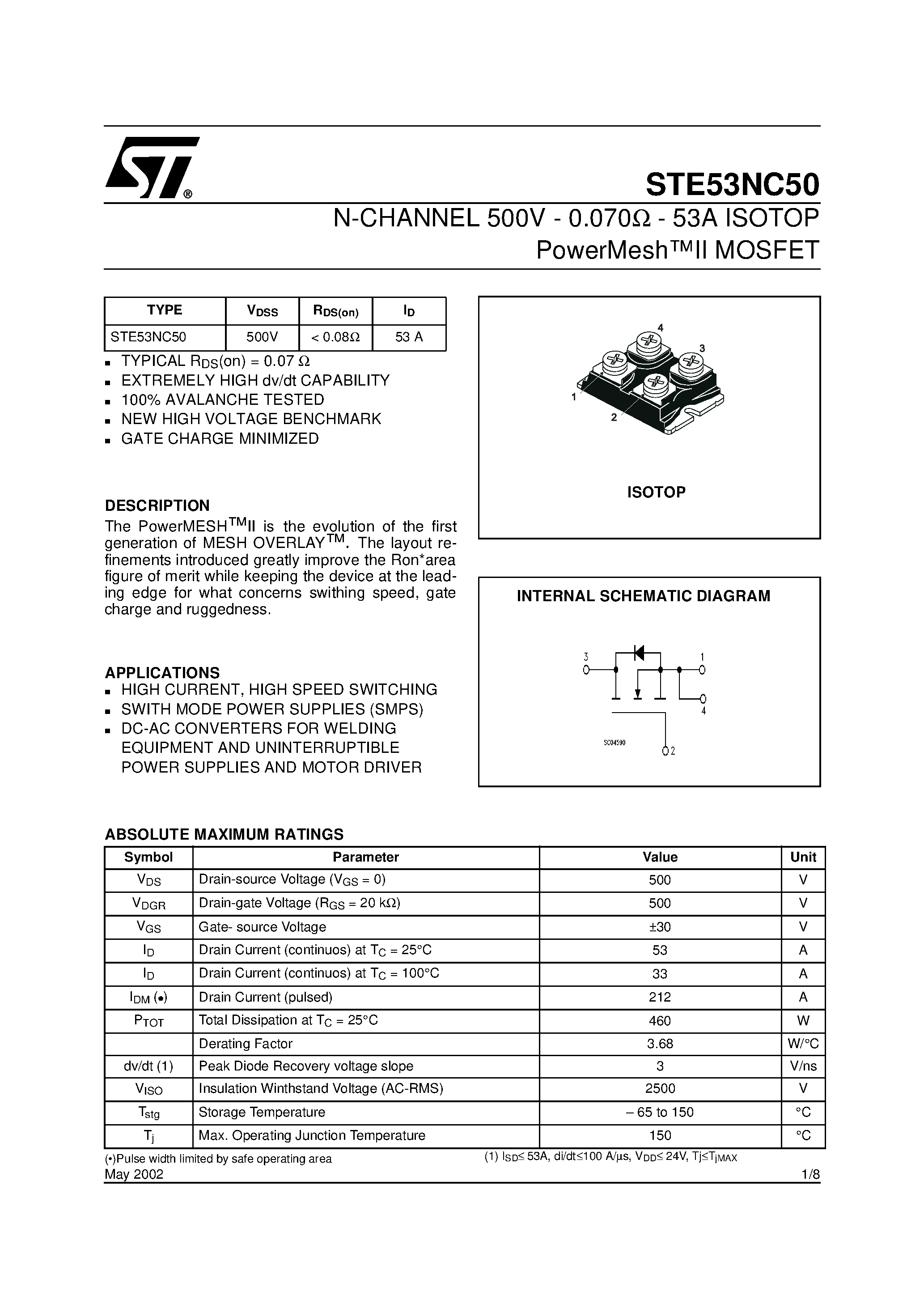 Даташит STE53NC50 - N-CHANNEL 500V - 0.070ohm - 53A ISOTOP PowerMeshII MOSFET страница 1
