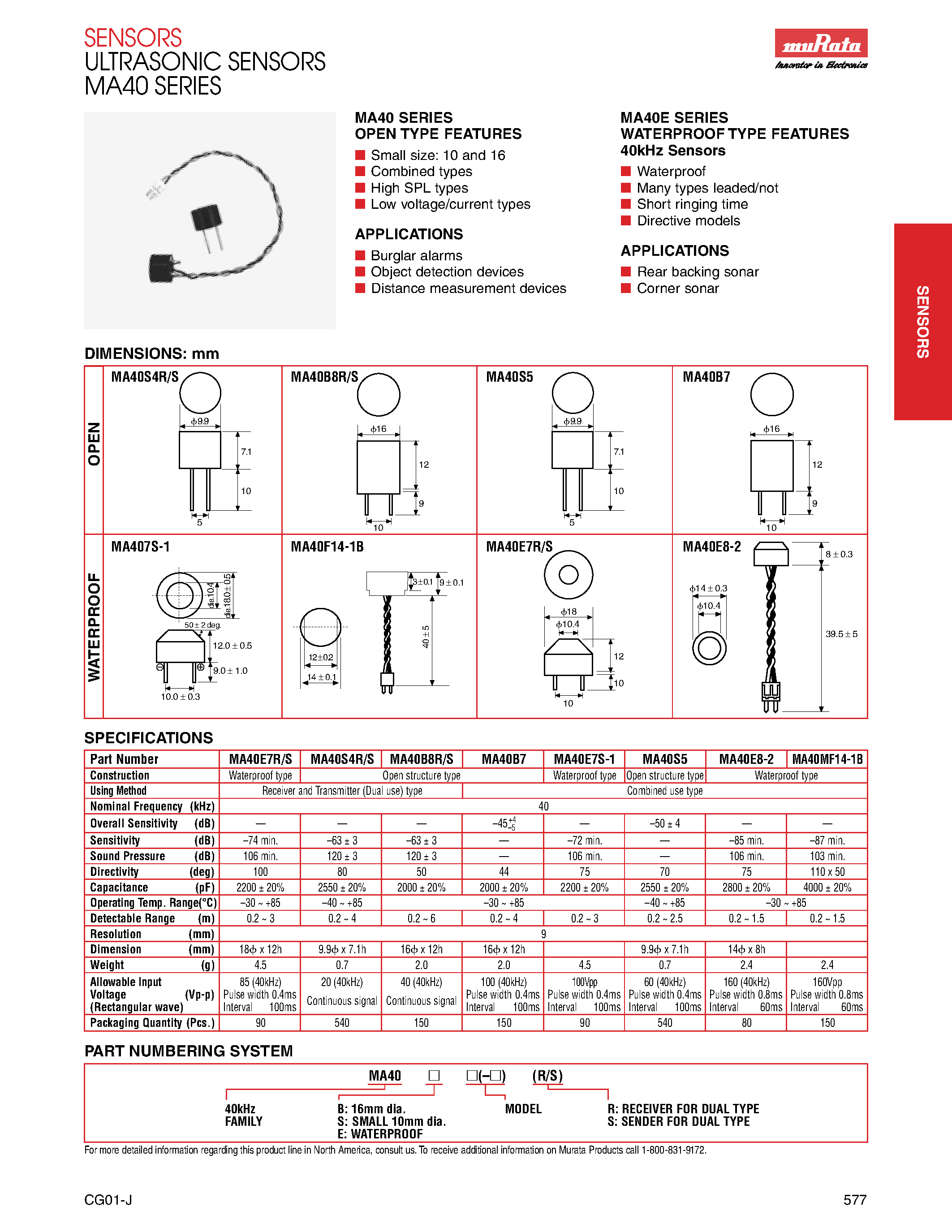 Даташит MA407S-1 - MA40 Series / Ultrasonic Sensors страница 1