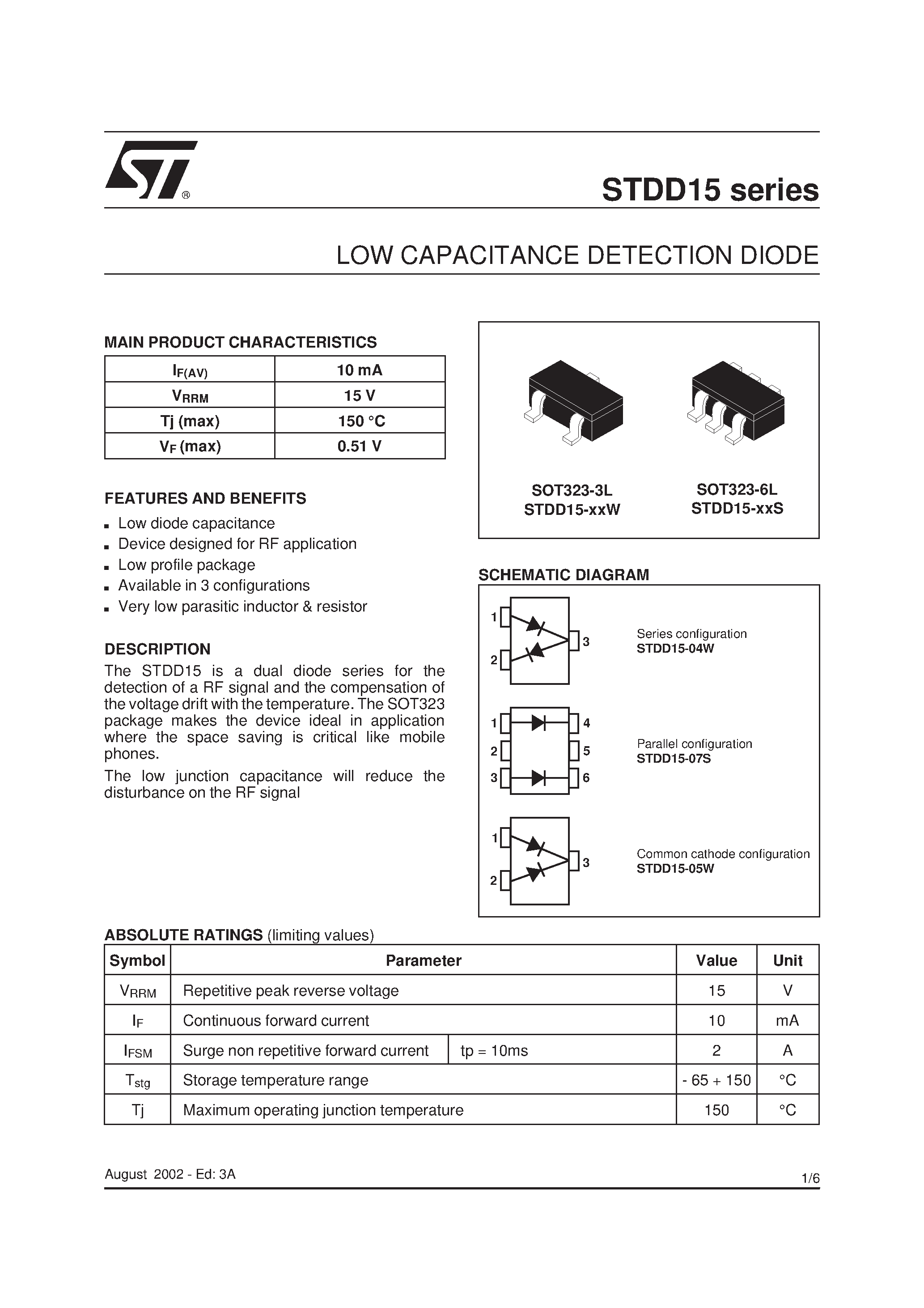 Datasheet STDD15 page 1 Datasheet STDD15 - LOW CAPACITANCE DETECTION DIODE page 1