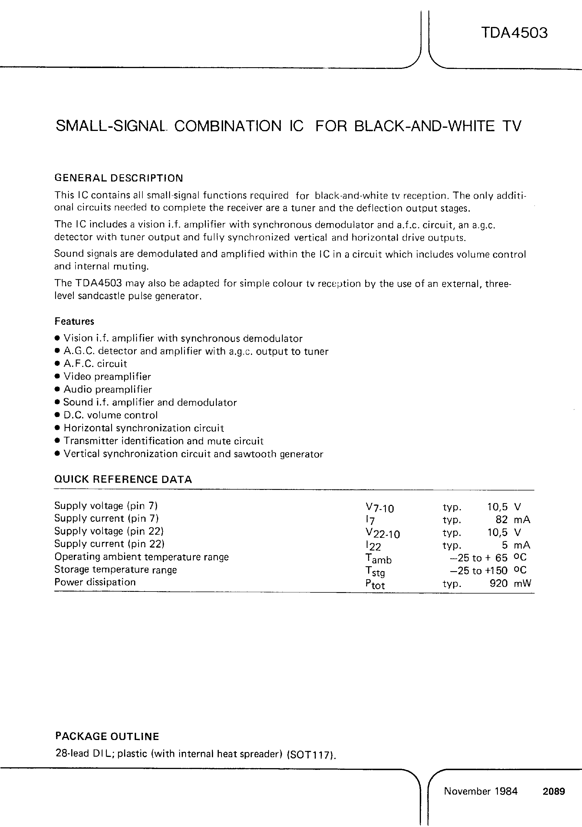 Datasheet TDA4503 - SMALL-SIGINAL COMBINATION IC FOR BLACK-AND-WHITE TV page 1