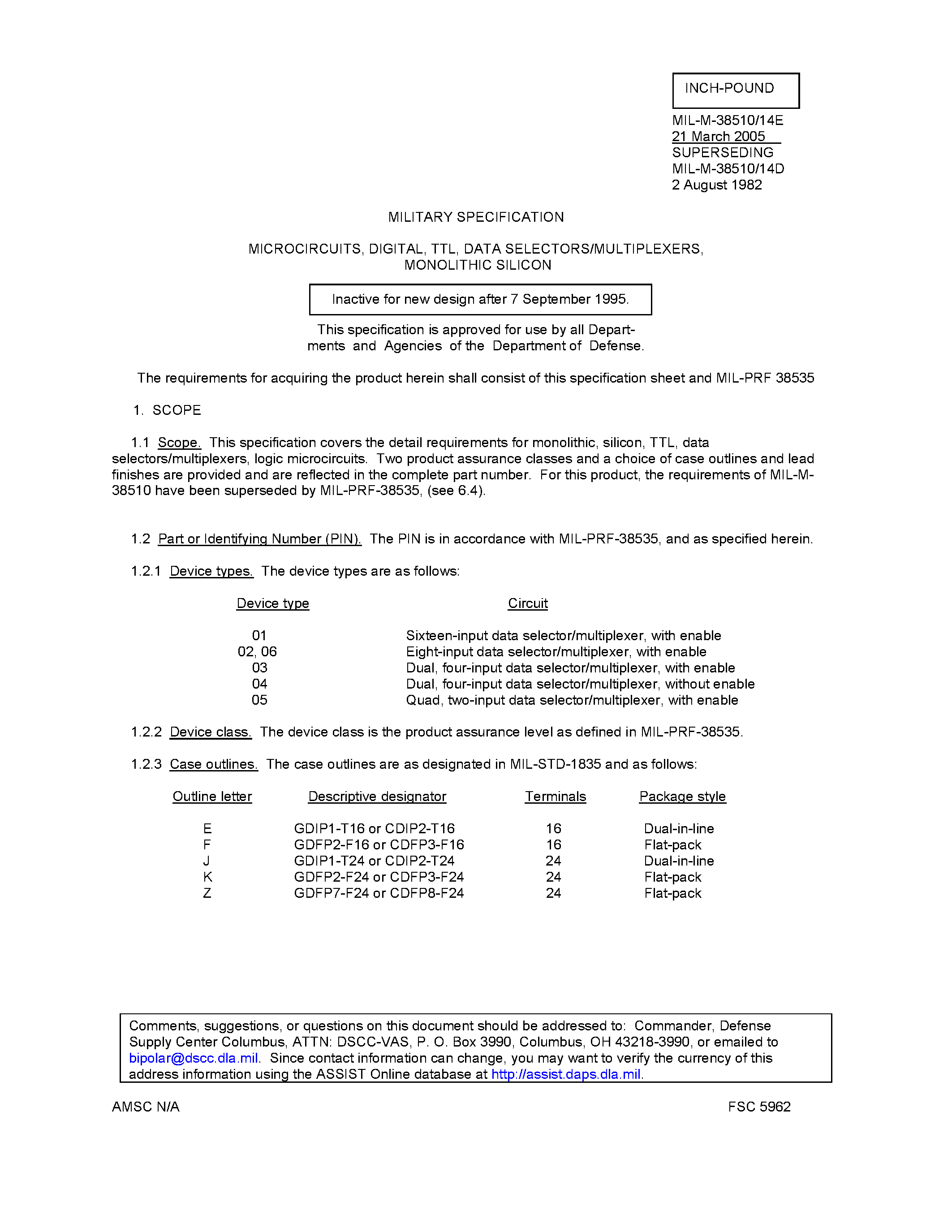 Datasheet M38510/014xxx - LOGIC MUX / DUAL 4-INPUT page 1