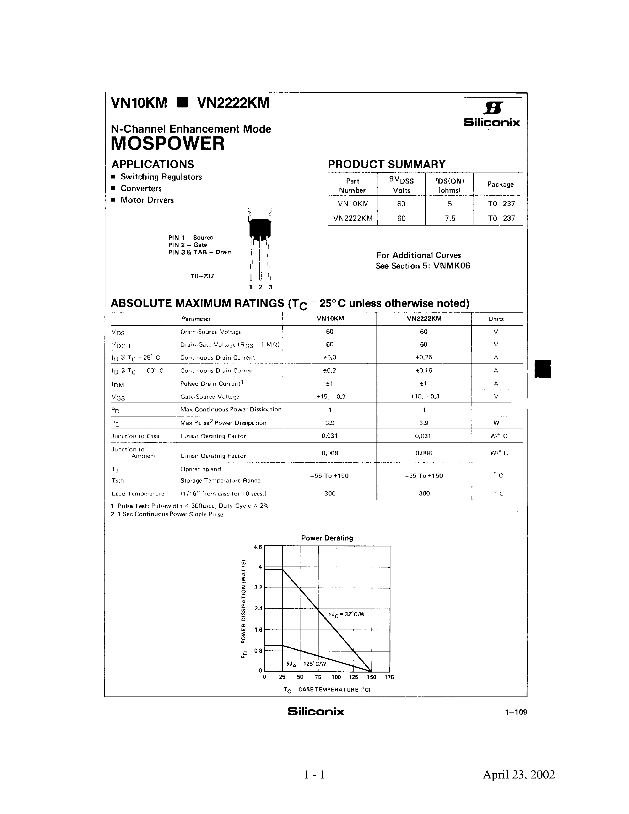 Datasheet VN10KM - N-Channel Enhancement Mode page 1
