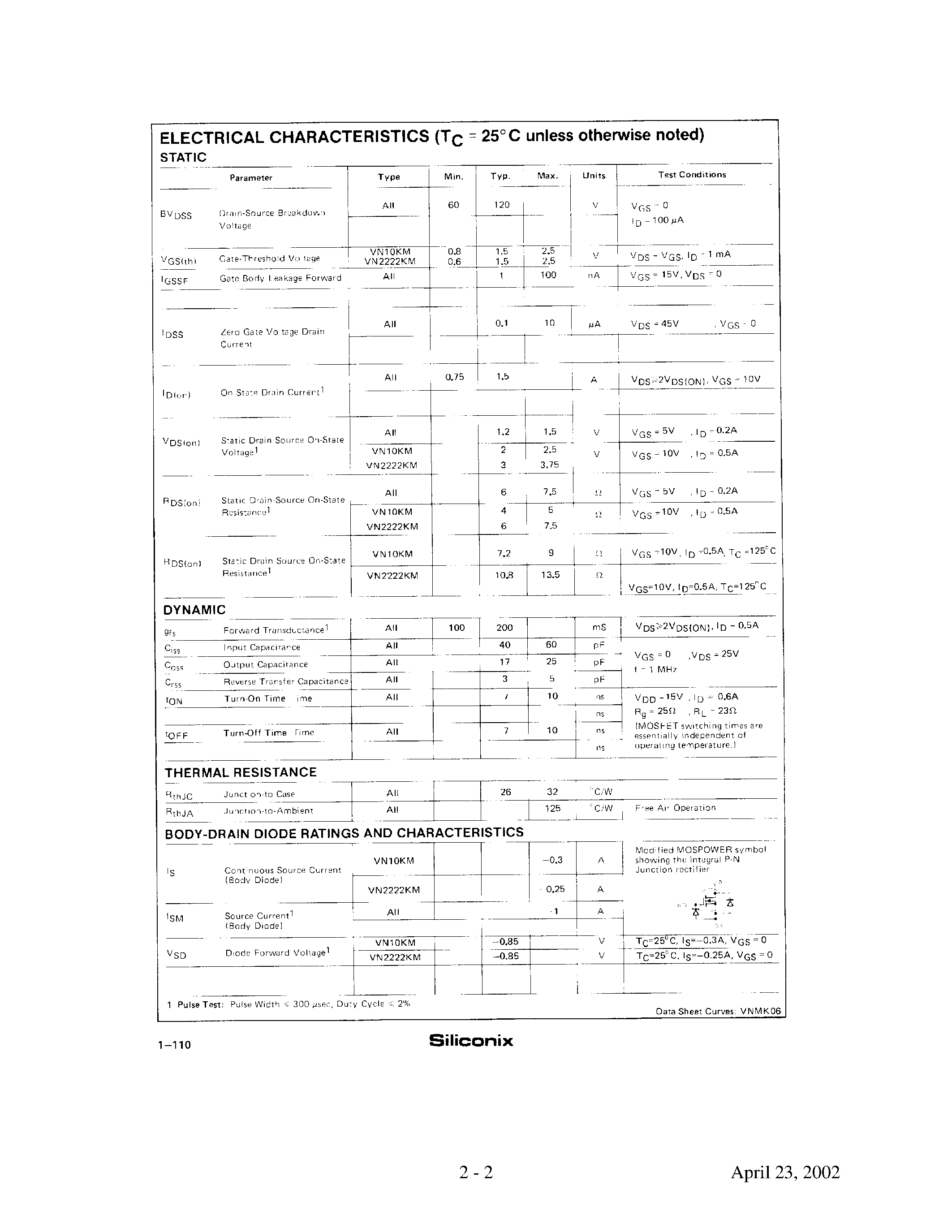 Datasheet VN10KM - N-Channel Enhancement Mode page 2