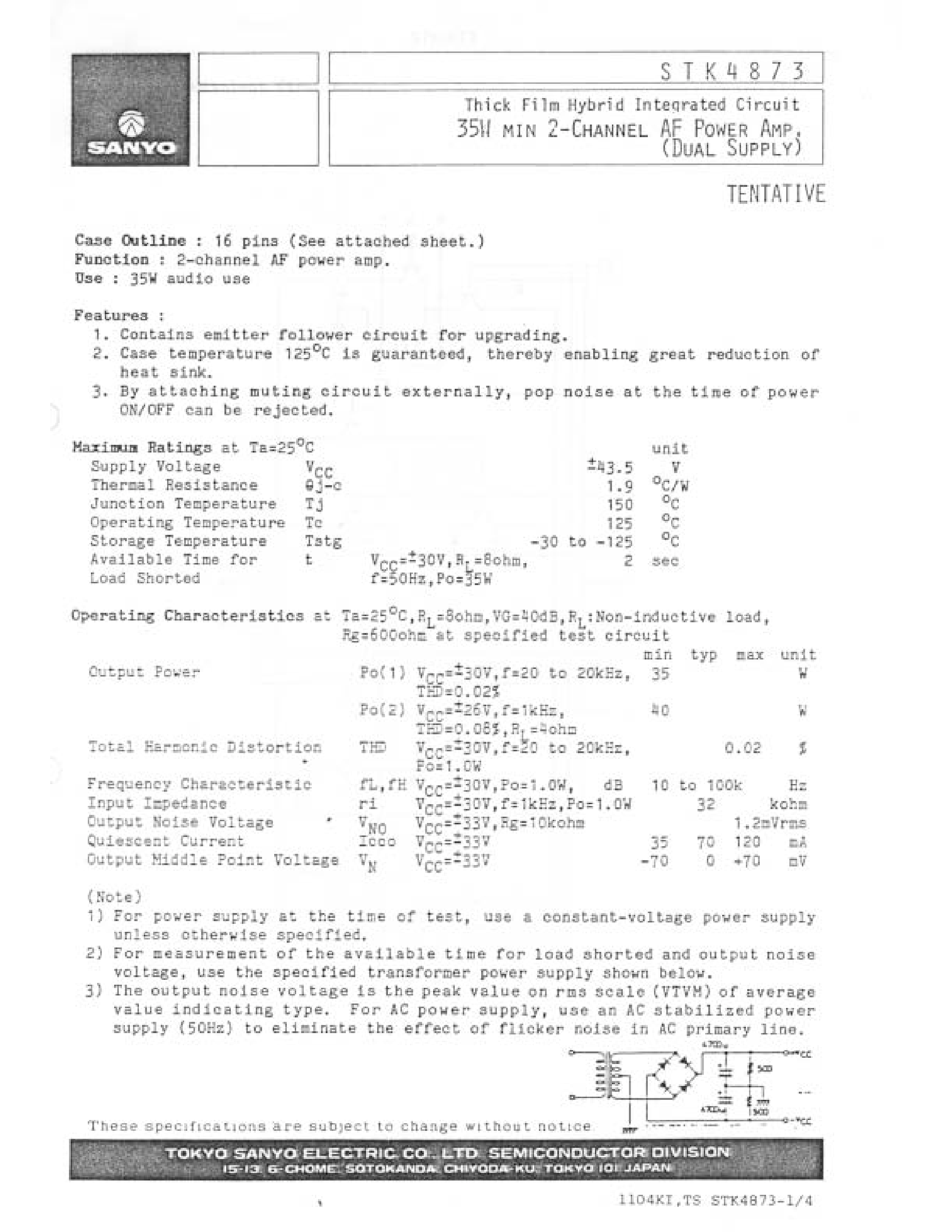 Datasheet STK4873 page 1 Datasheet STK4873 - THICK FILM HYBRID INTEQRATED CIRCUIT 35W MIN 2-CHANNEL AF POWER AMP(DUAL SUPPLY) page 1