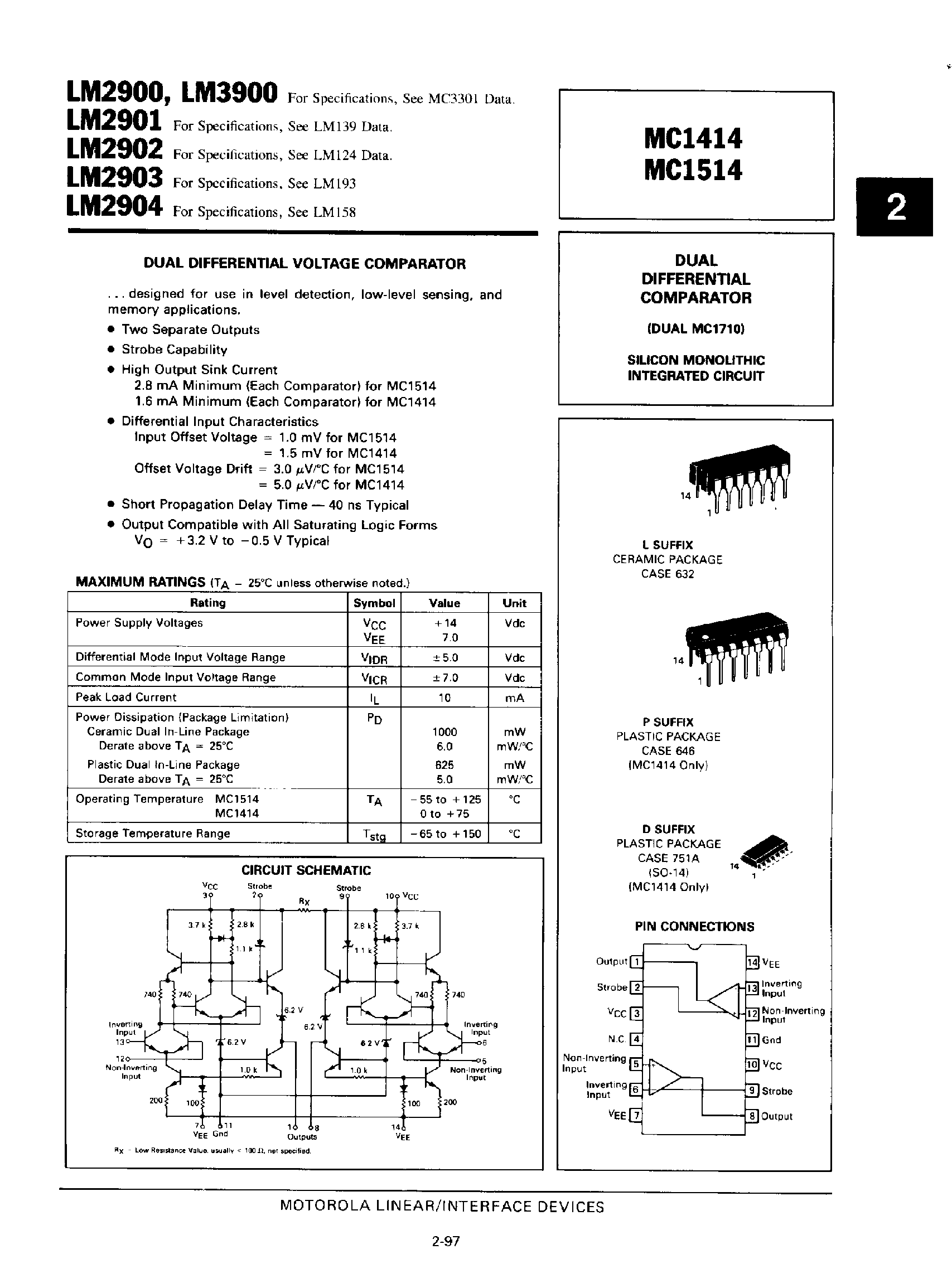 Даташит MC1414-(MC1414 / MC1514) DUAL DIFFERENTIAL COMPARATOR страница 1
