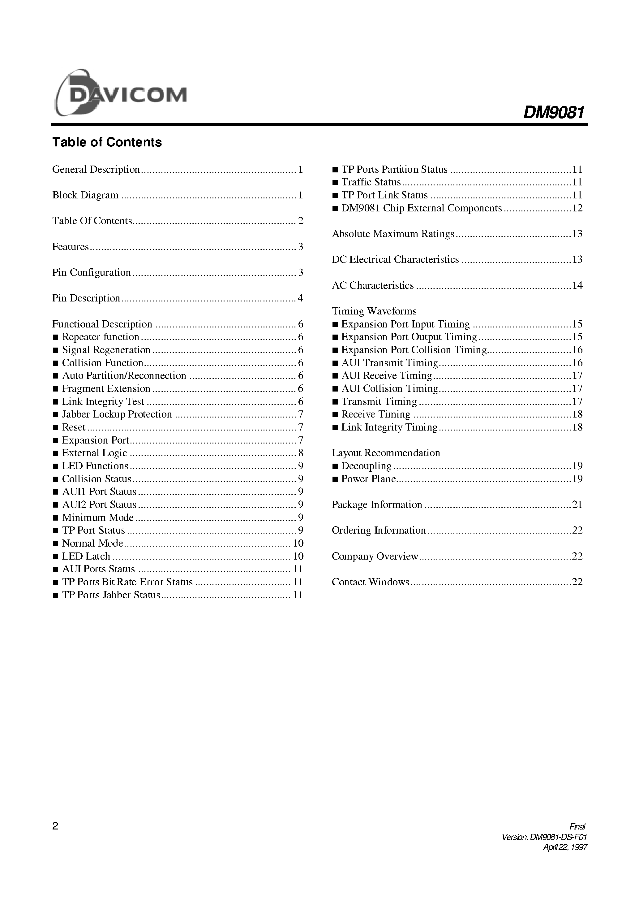 Datasheet DM9081 - 10BASE-T Hub Controller page 2