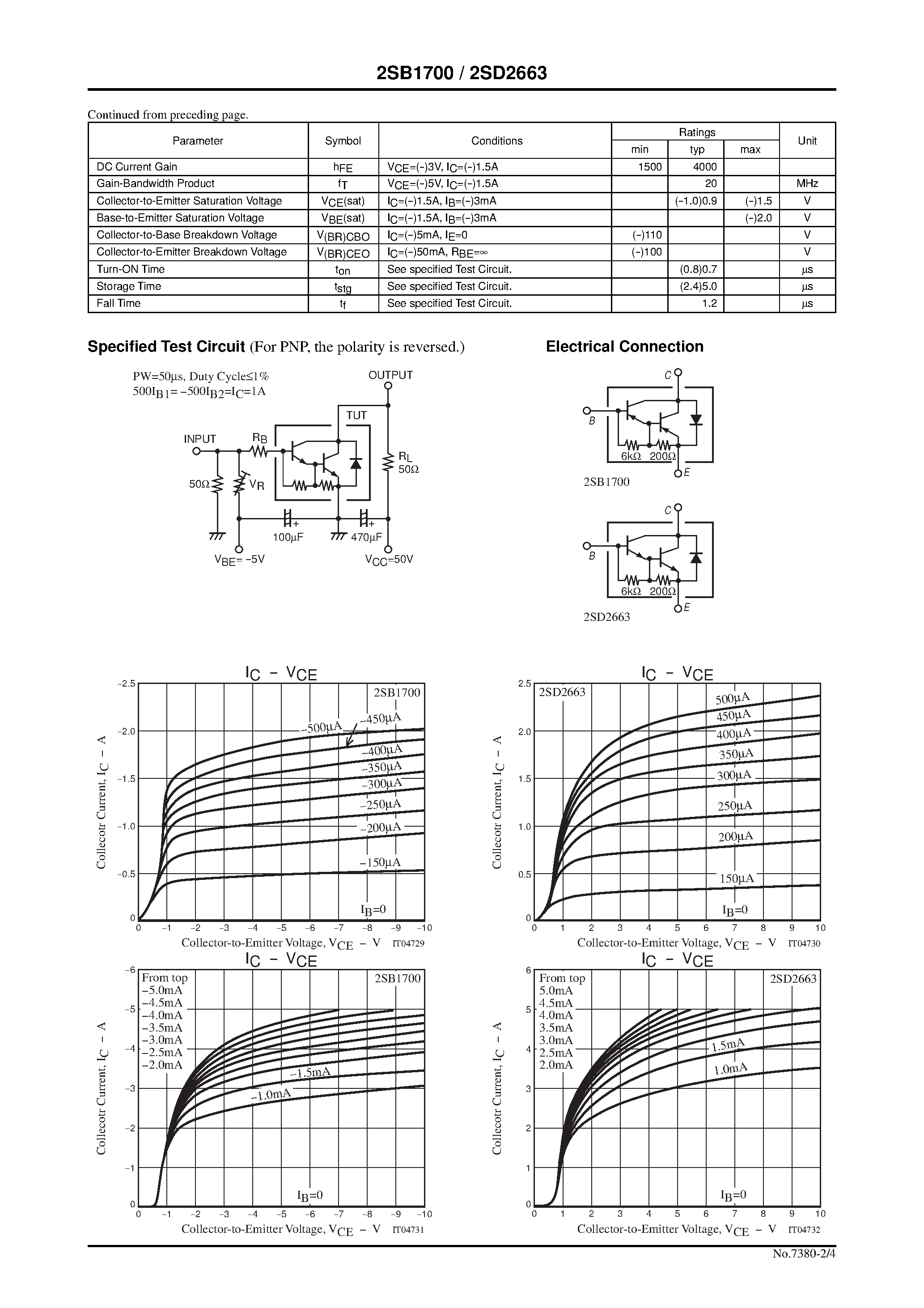 Даташит 2SB1700 - PNP/NPN Epitaxial Planar Silicon Darlington Transistors страница 2
