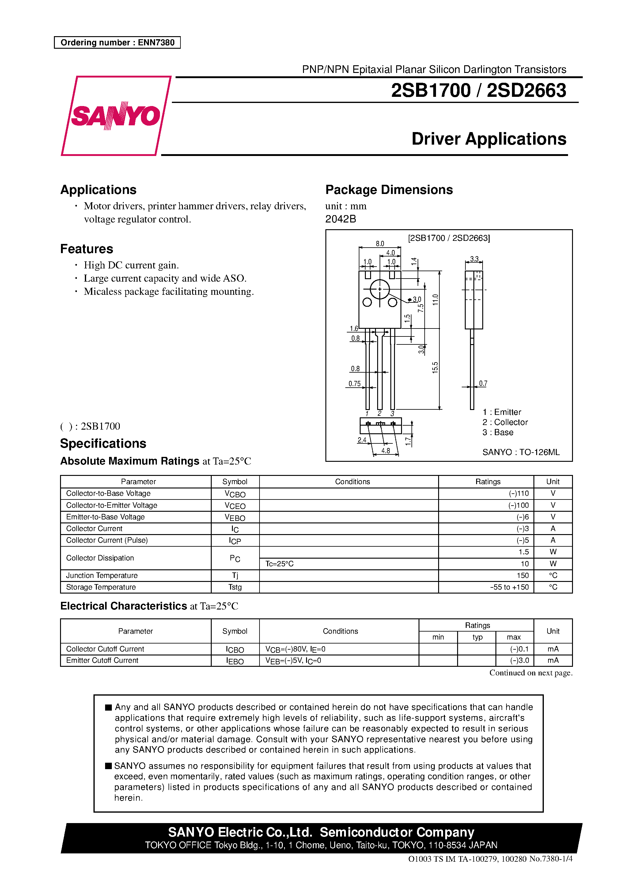Даташит 2SD2663 - PNP/NPN Epitaxial Planar Silicon Darlington Transistors страница 1