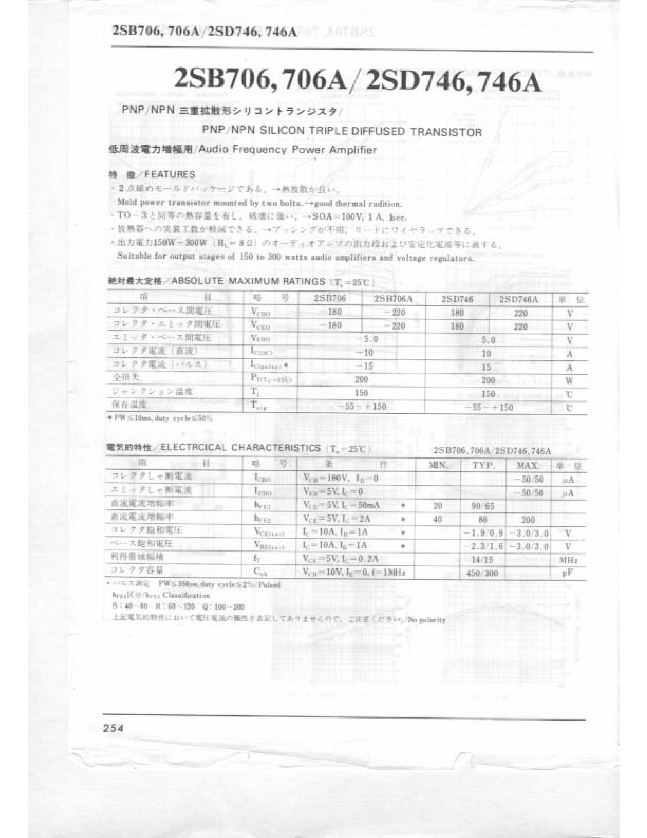 Datasheet 2SB706 page 1 Datasheet 2SB706 - PNP/NPN SILICON TRIPLE DIFFUSED TRANSISTOR page 1
