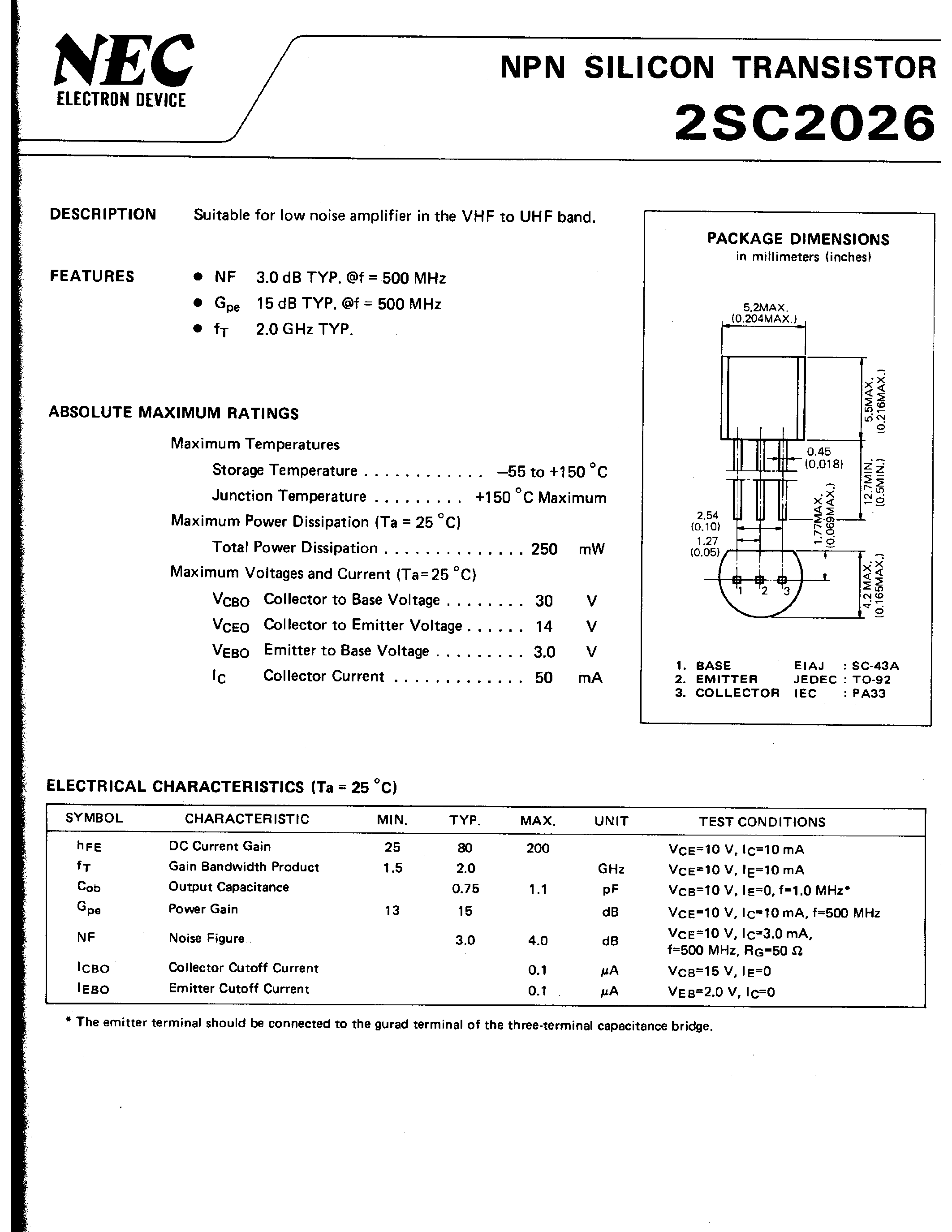 Datasheet 2SC2026 page 1 Datasheet 2SC2026 - NPN SILICON TRANSISTOR page 1