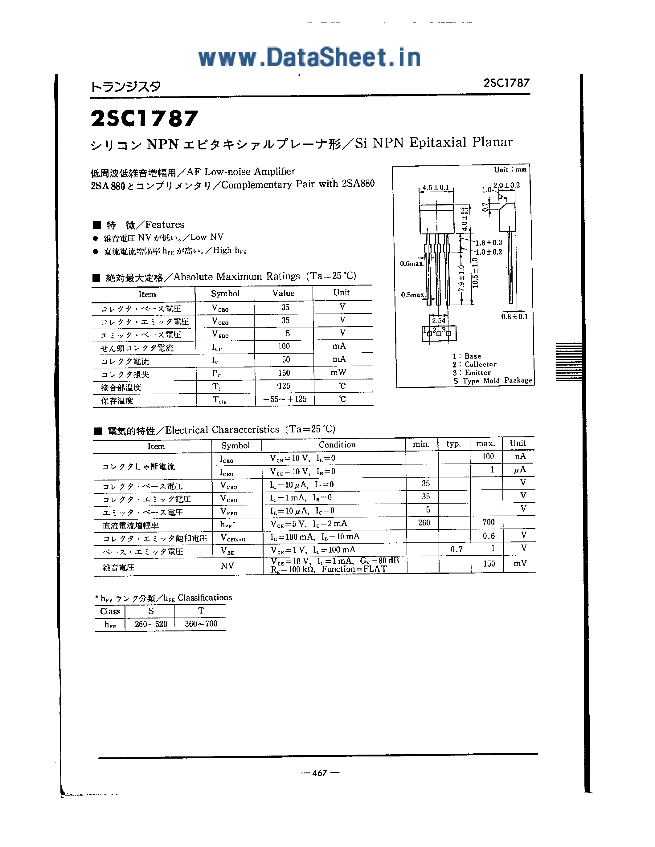 Даташит на микросхему 2SC1787 страница 1 Даташит 2SC1787 - (2SC1929 / 2SC1787) SI NPN EPITAXIAL PLANAR страница 1