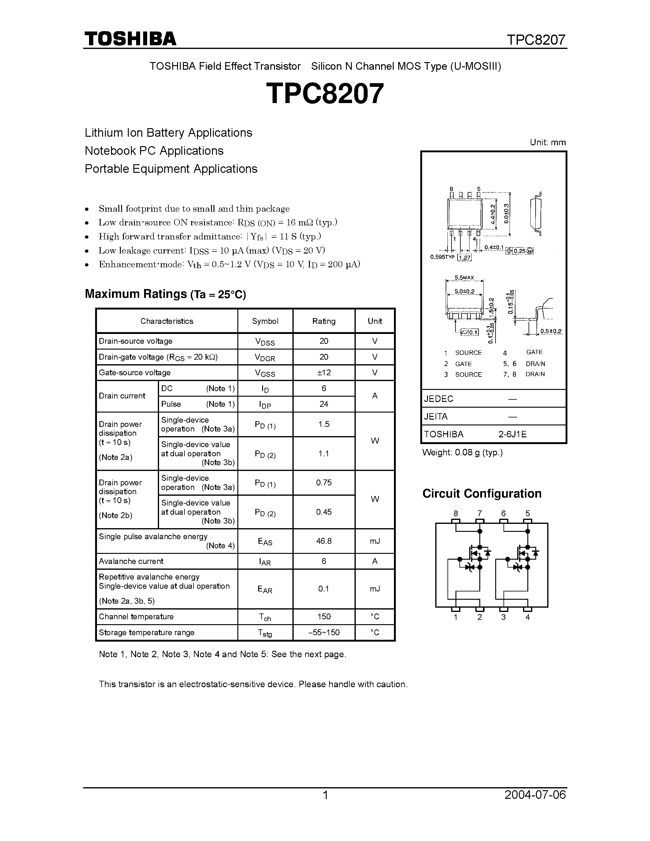 Даташит на микросхему TPC8207 страница 1 Даташит TPC8207 - TOSHIBA Field Effect Transistor Silicon N Channel MOS Type (U-MOSIII) страница 1