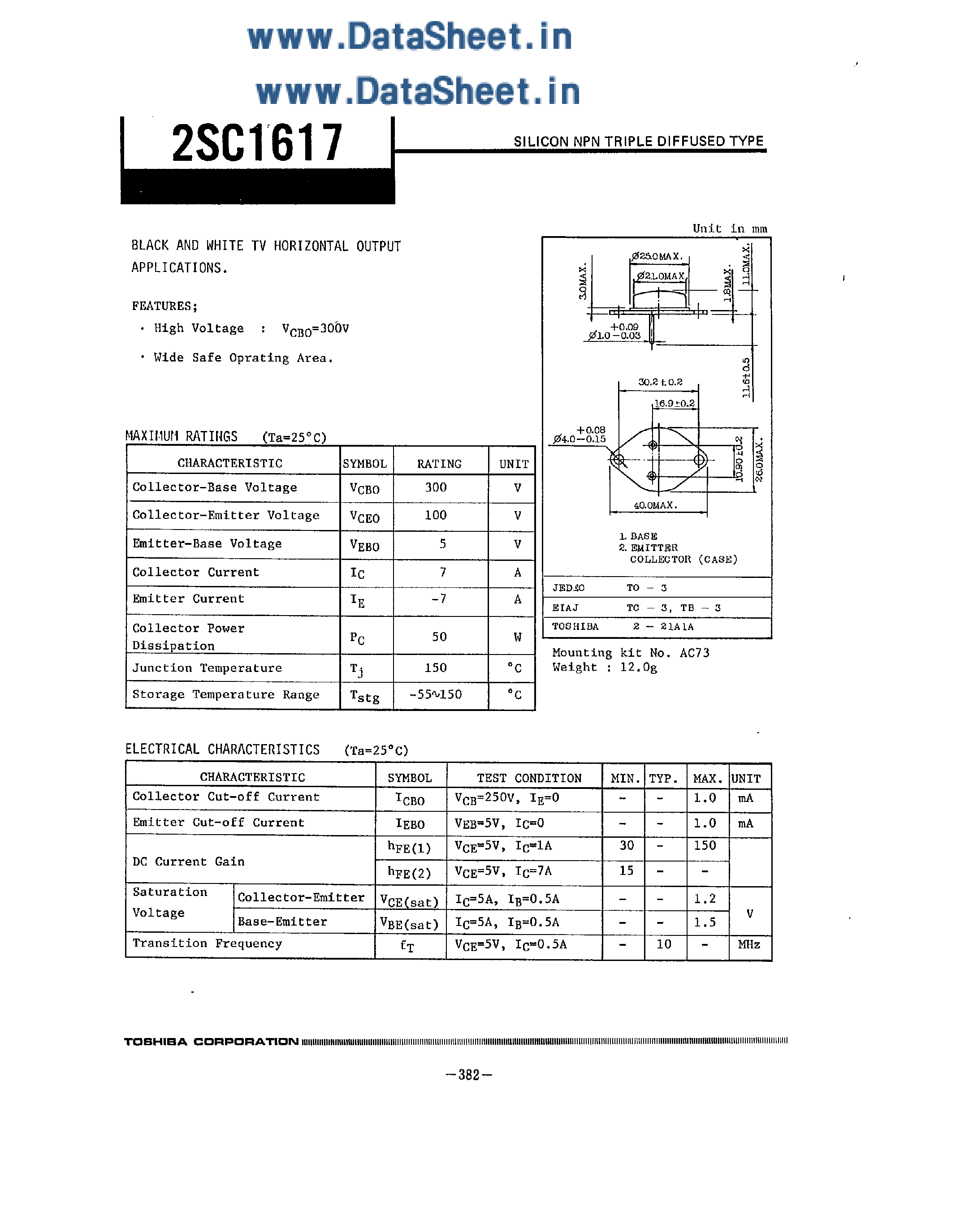 Datasheet 2SC1617 - SILICON NP TRIPLE DIFFUSED TYPE page 1