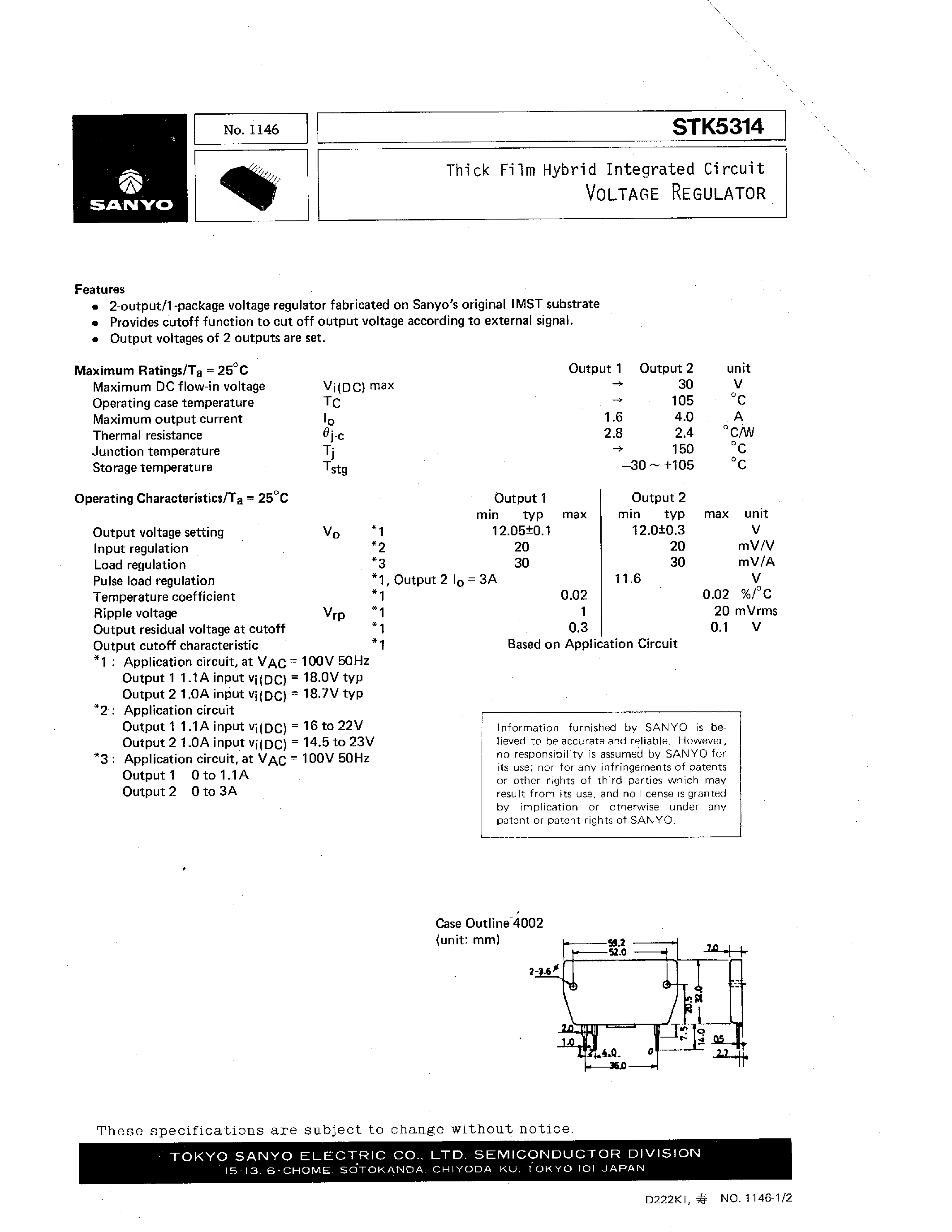 Даташит STK5314 - Thick Film Hybrid Integrated Circuit VOLTAGE REGULATOR страница 1