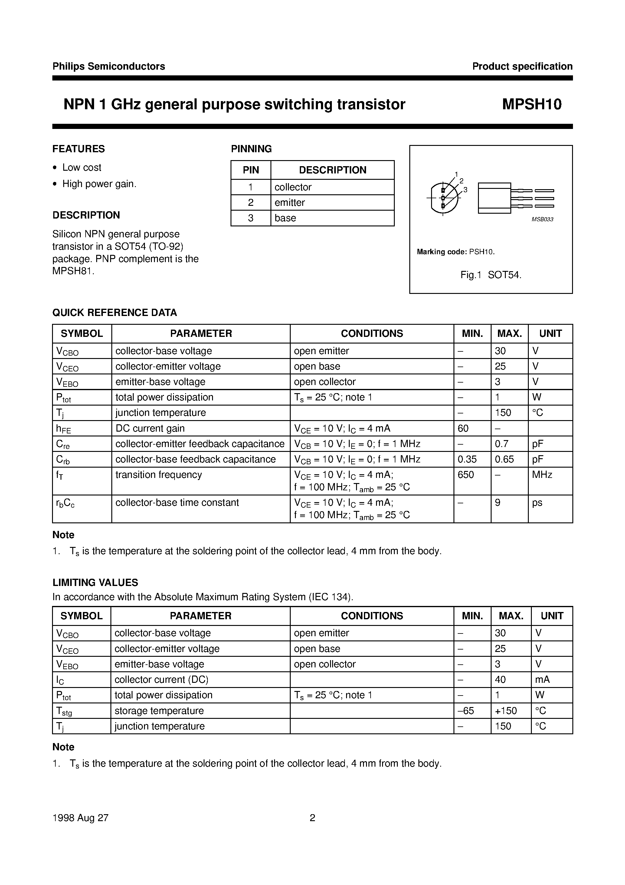 Даташит на микросхему MPSH10 страница 2 Даташит MPSH10 - NPN 1 GHz general purpose switching transistor страница 2