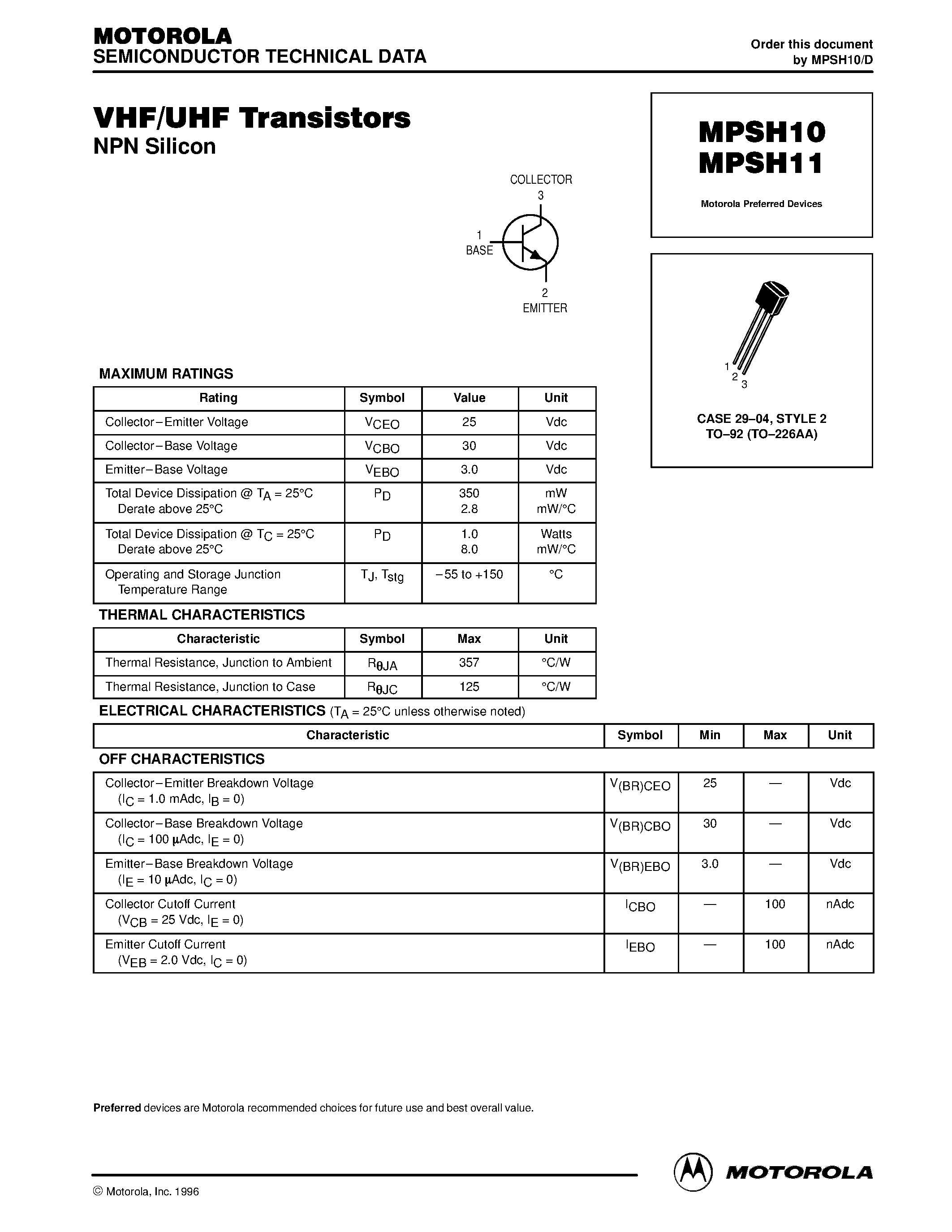 Datasheet MPSH10 page 1 Datasheet MPSH10 - (MPSH10 / MPSH11) VHF/UHF Transistors page 1
