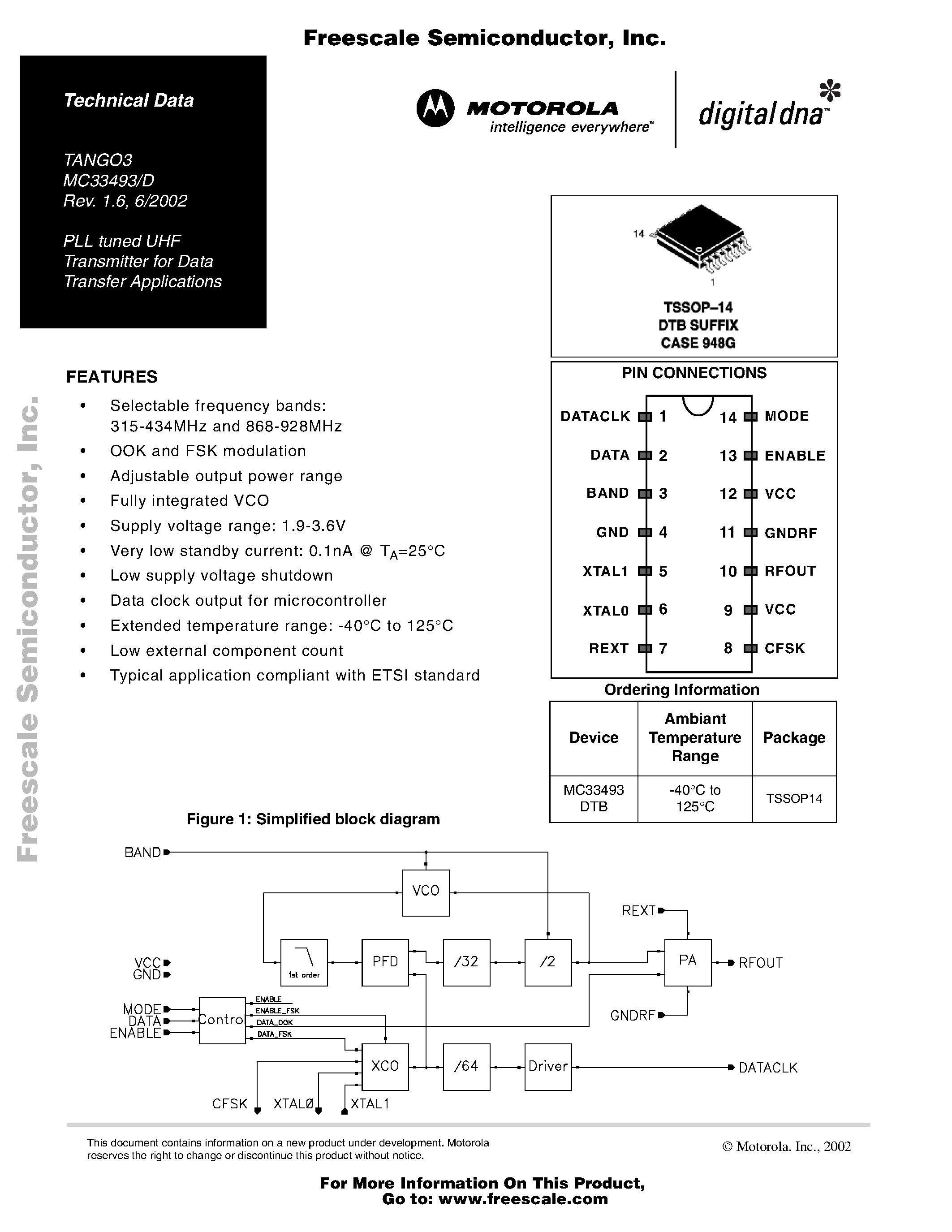 Datasheet MC33493 page 1 Datasheet MC33493 - PLL tuned UHF Transmitter for Data Transfer Applications page 1