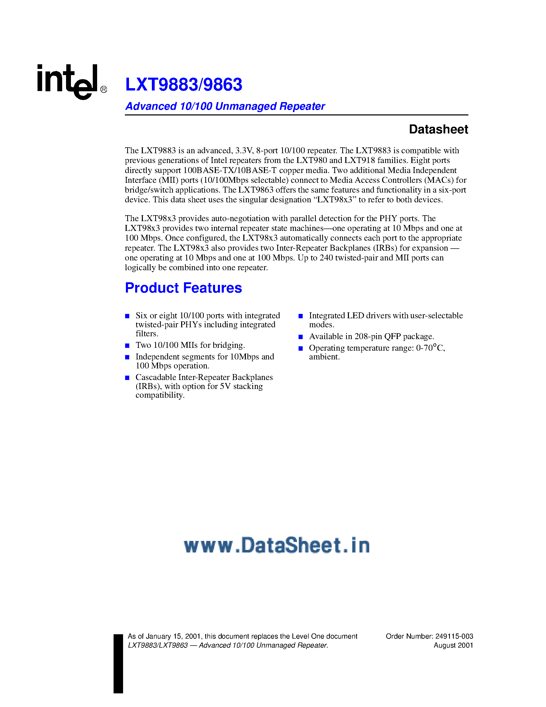 Даташит на микросхему LXT9883 страница 1 Даташит LXT9883 - (LXT9883 / LXT9863) Advanced 10/100 Unmanaged Repeater страница 1