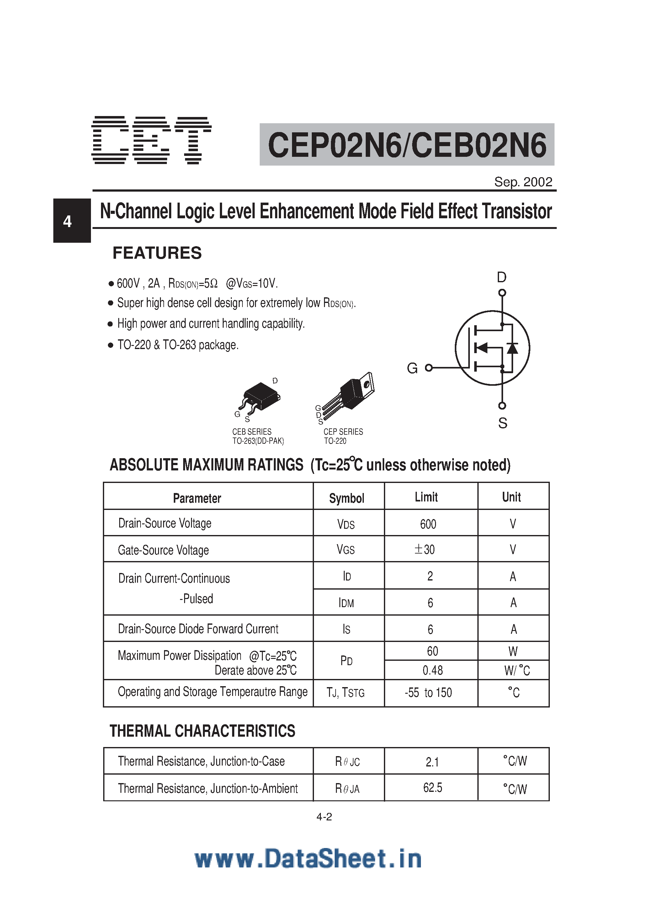 Datasheet CEP02N6 - N-channel Enhancement Mode Field Effect Transistor TO220/TO263 Package page 1