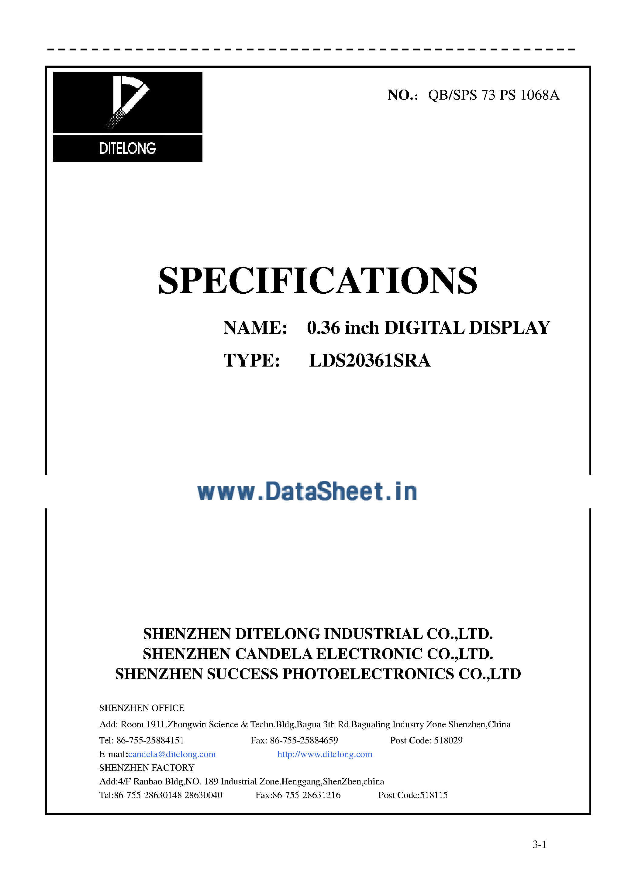 Datasheet LDS20361SRA page 1 Datasheet LDS20361SRA - 0.36 inch Digital Display page 1