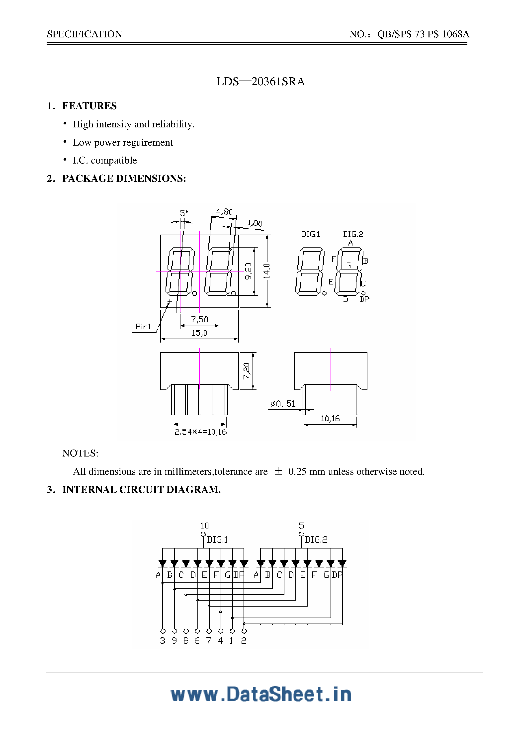 Datasheet LDS20361SRA page 2 Datasheet LDS20361SRA - 0.36 inch Digital Display page 2