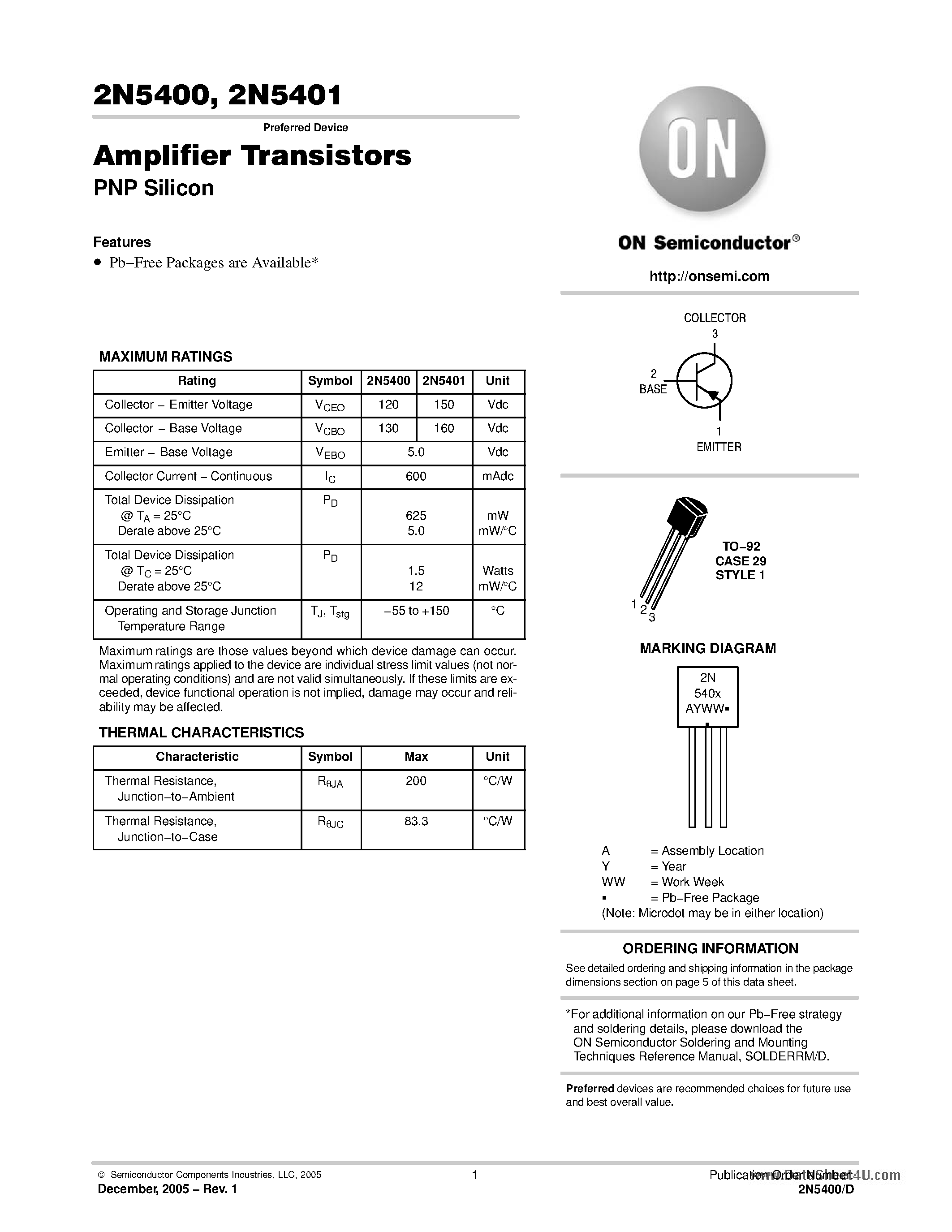 Даташит на микросхему 2N5401 страница 1 Даташит 2N5401 - Amplifier Transistors страница 1
