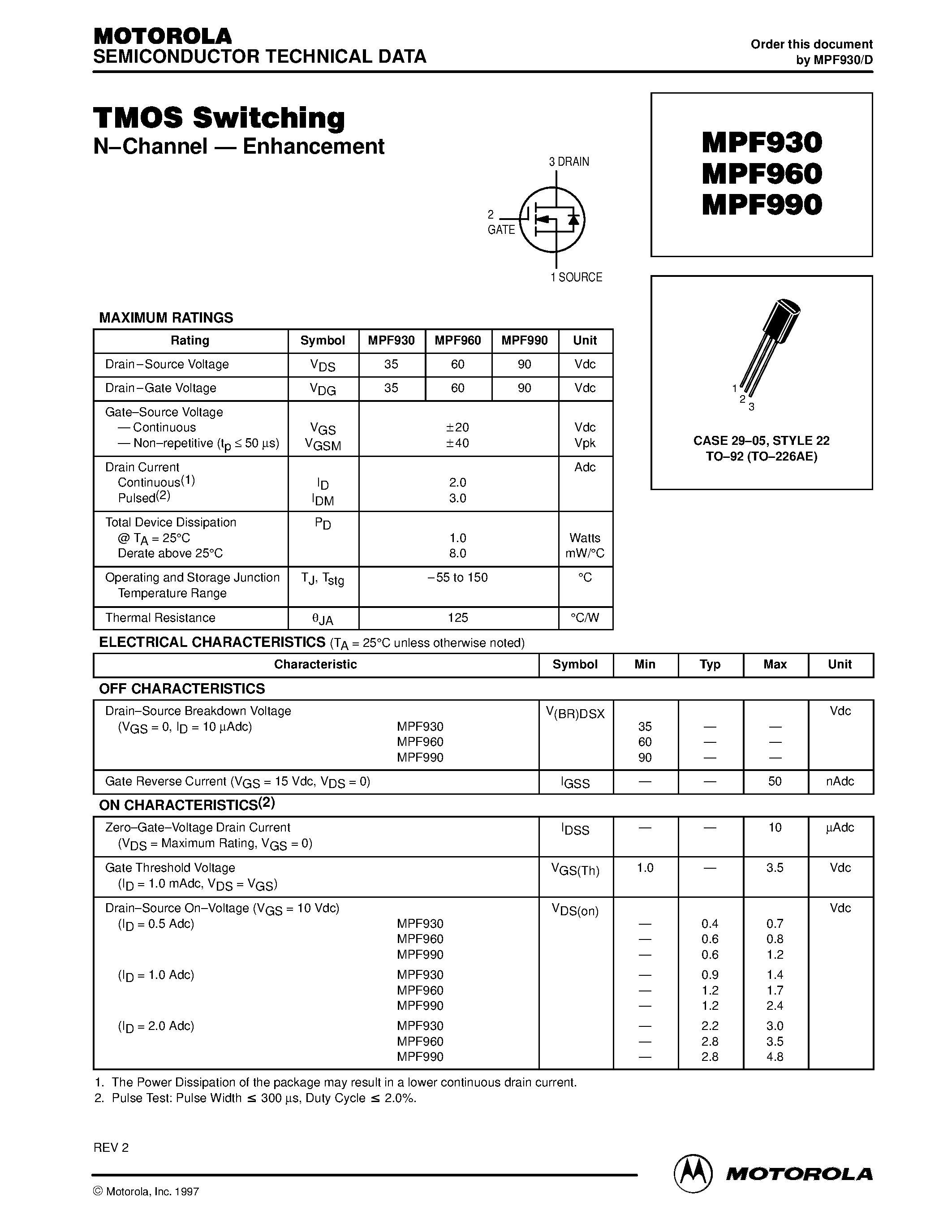 Datasheet MPF930 page 1 Datasheet MPF930 - (MPF930 / MPF960 / MPF990) TMOS Switching page 1