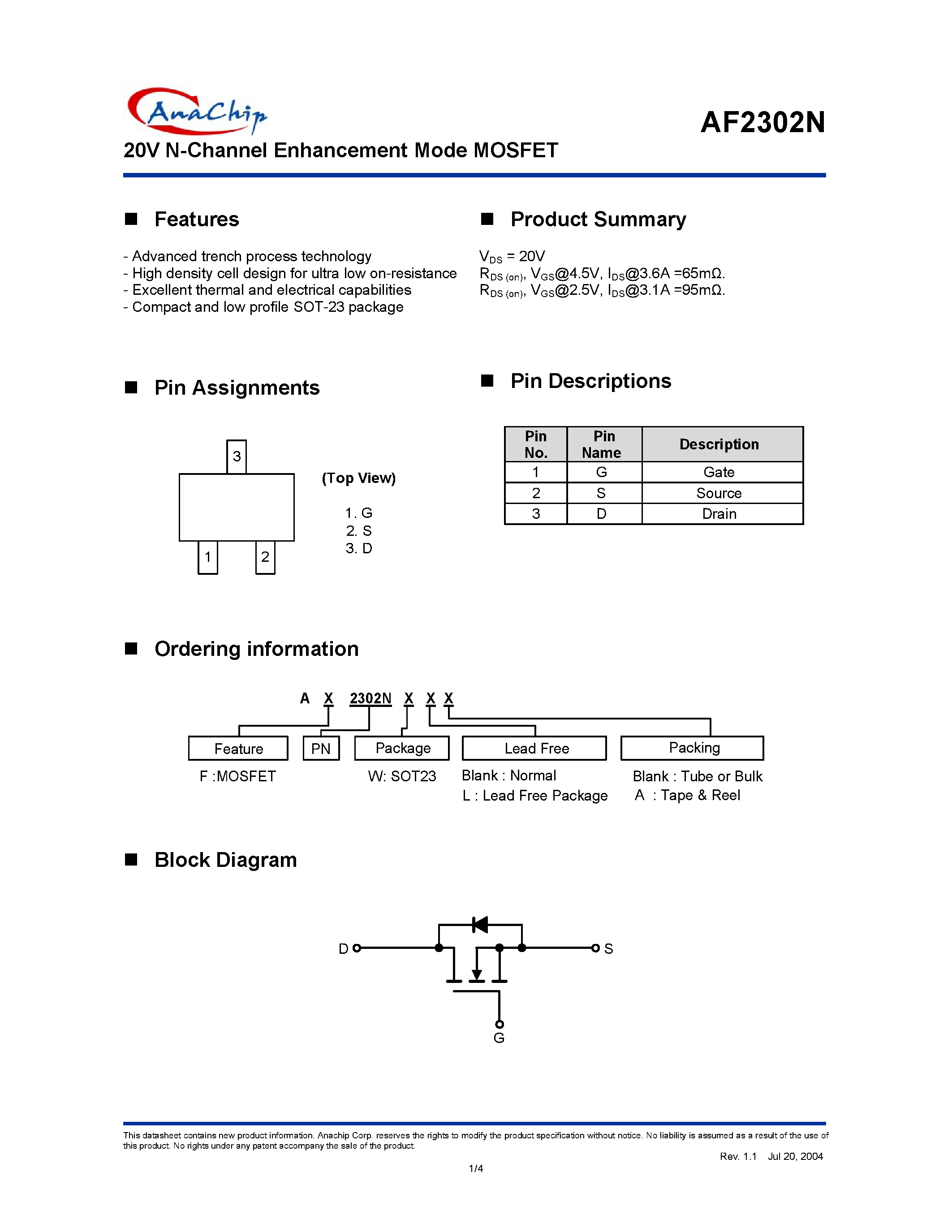 Datasheet AF2302N - 20V N-Channel Enhancement Mode MOSFET page 1