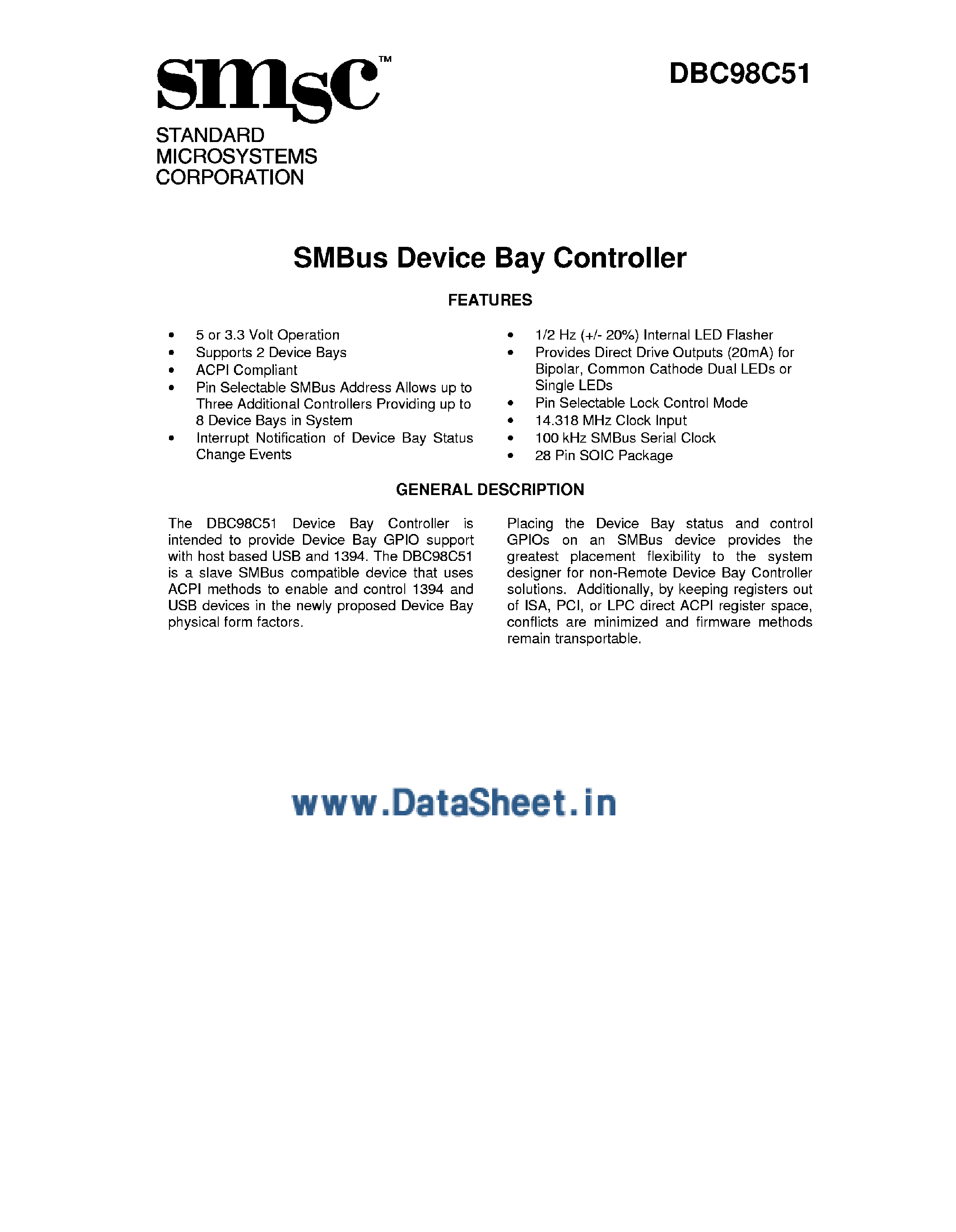 Datasheet DBC98C51 - SMBus Device Bay Controller page 1