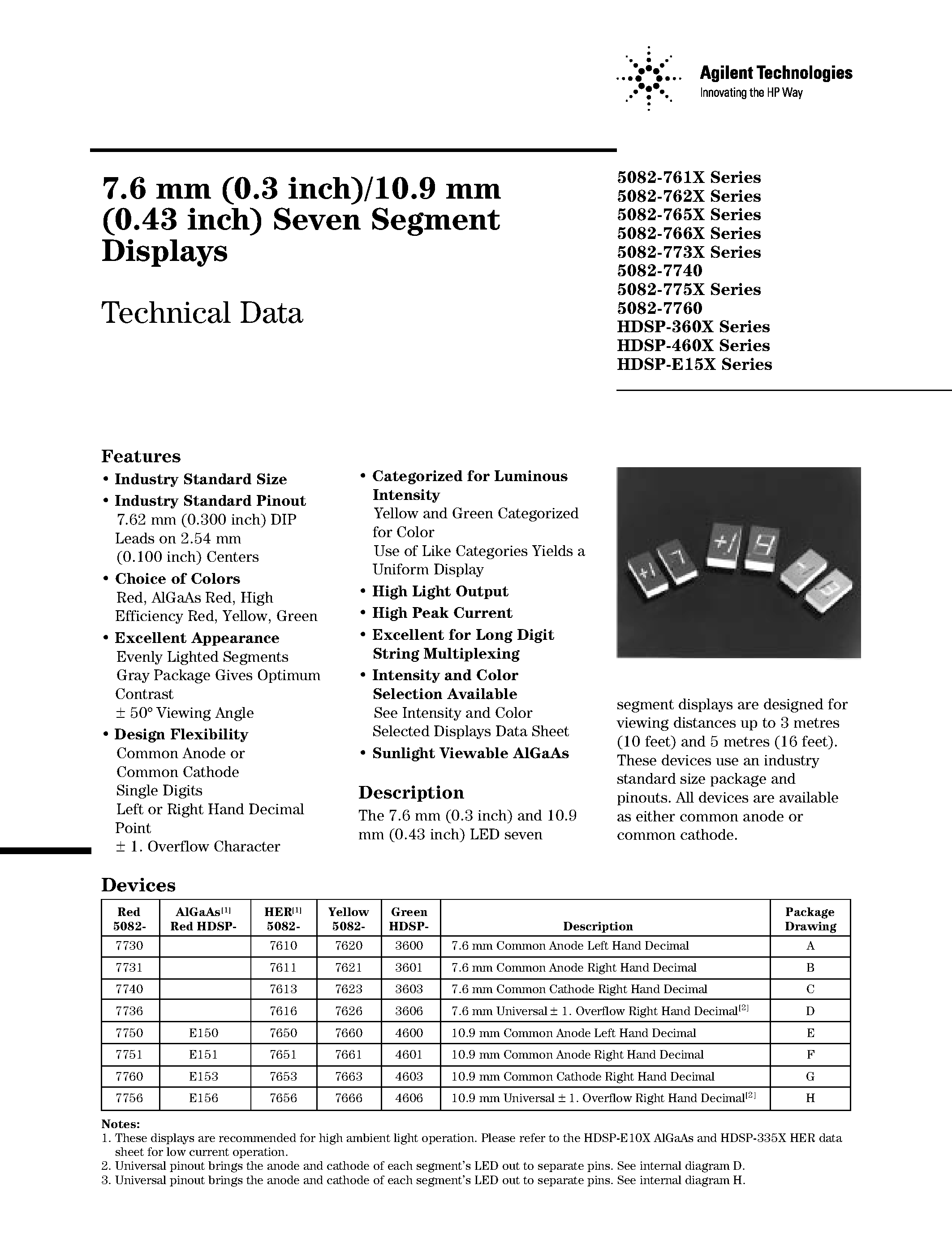 Datasheet HP5082-761x page 1 Datasheet HP5082-761x - 7.6mm (0.3 inch)/10.9mm (0.43 inch) Seven Segment Display page 1