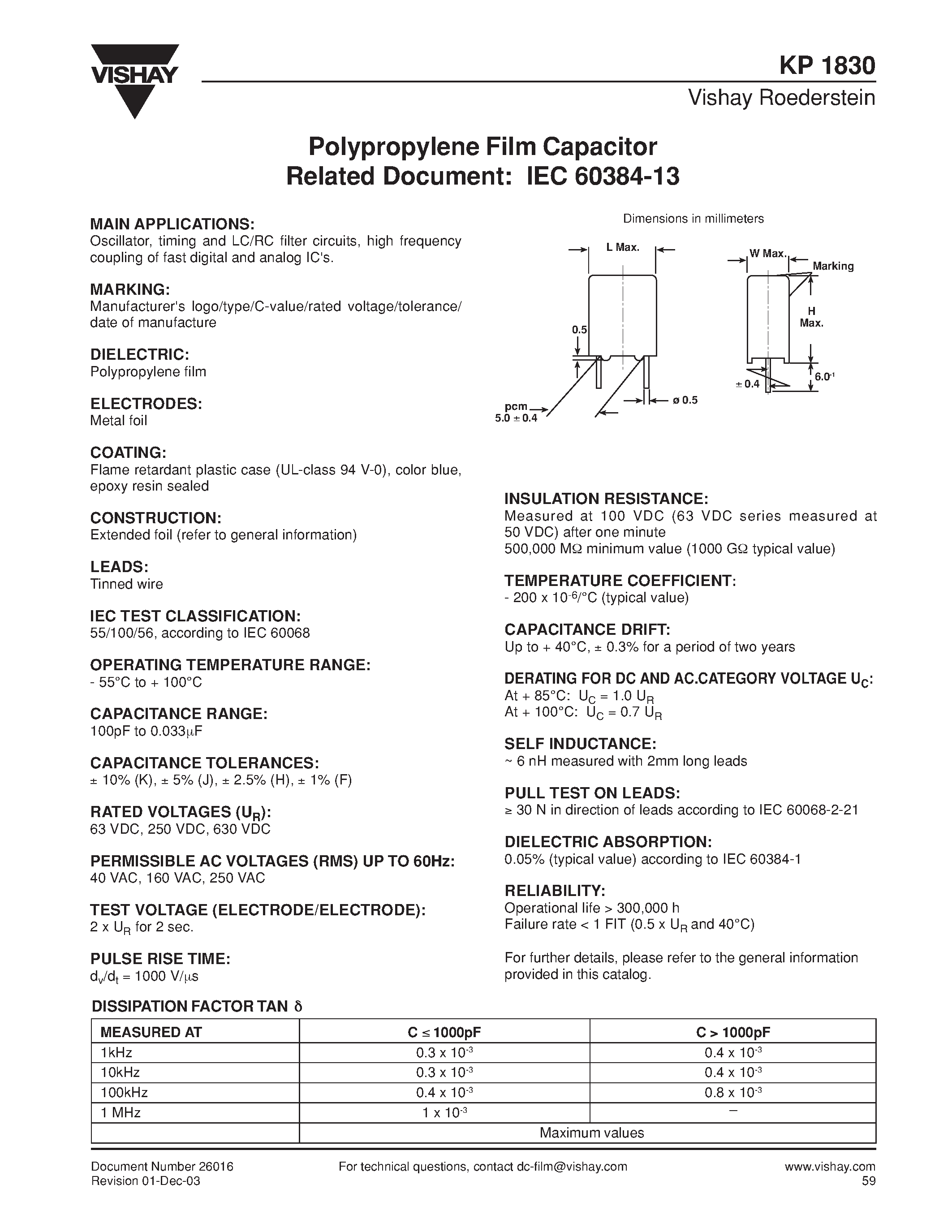 Datasheet KP1830 - Polypropylene Film Capacitor page 1