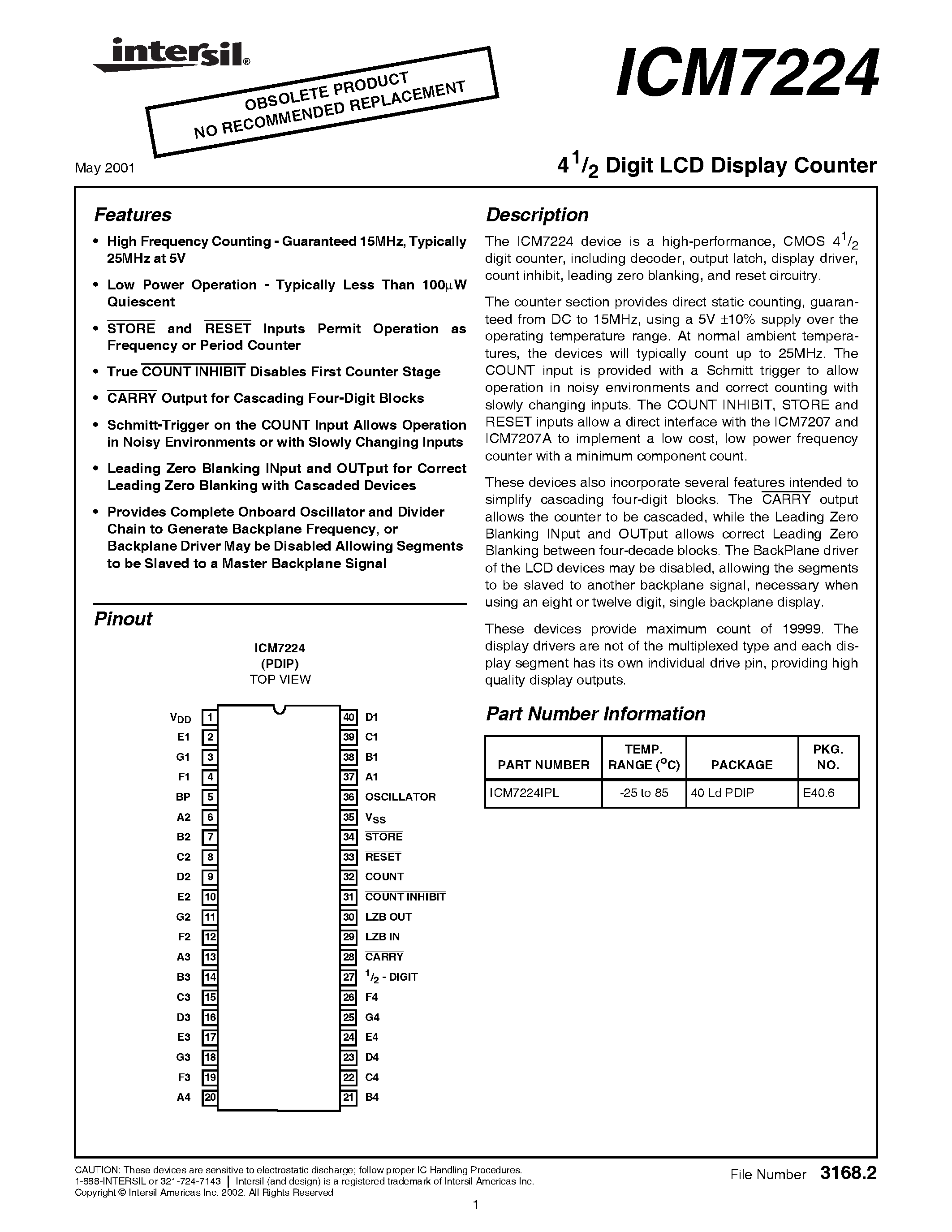 Datasheet ICM7224 - 41/2 Digit LCD Display Counter page 1