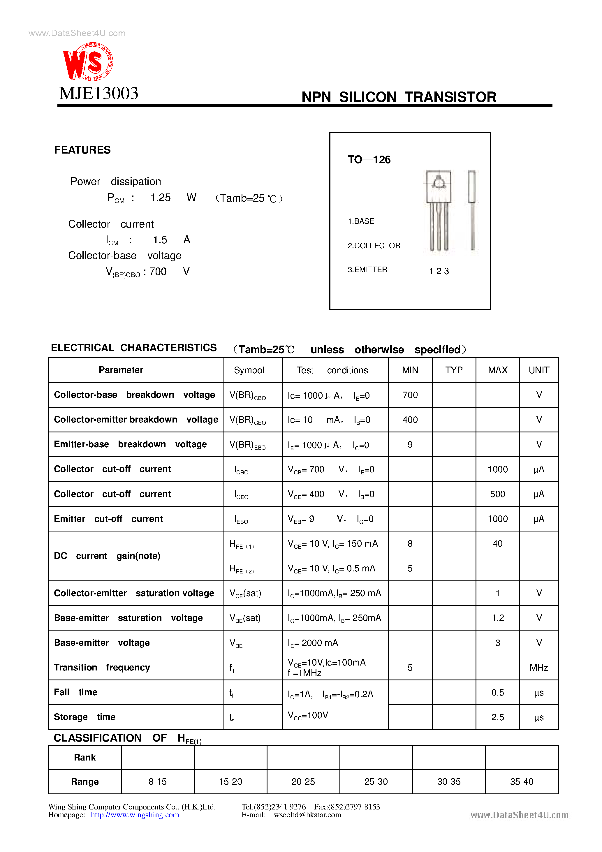 Datasheet 13003BR - Search ---> MJE13003BR page 1