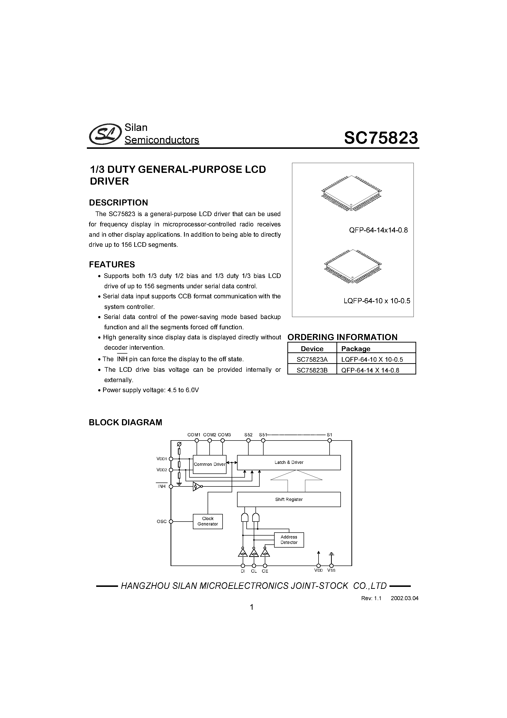 Datasheet SC75823 - 1/3 DUTY GENERAL-PURPOSE LCD DRIVER page 1