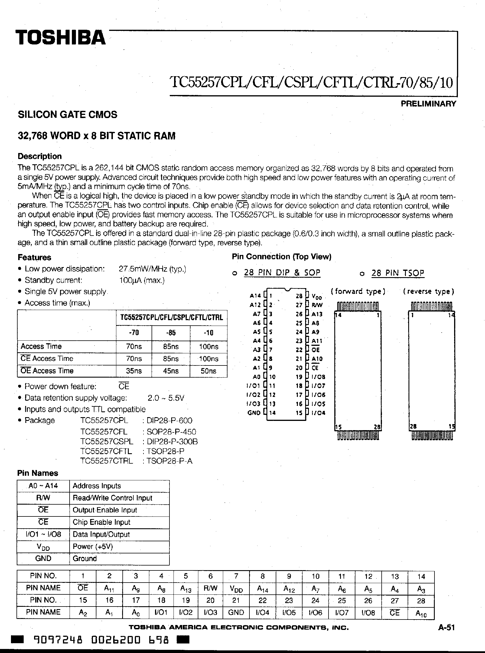 Datasheet TC55257CFL page 1 Datasheet TC55257CFL - (TC55257xxx) Silicon Gate CMOS page 1