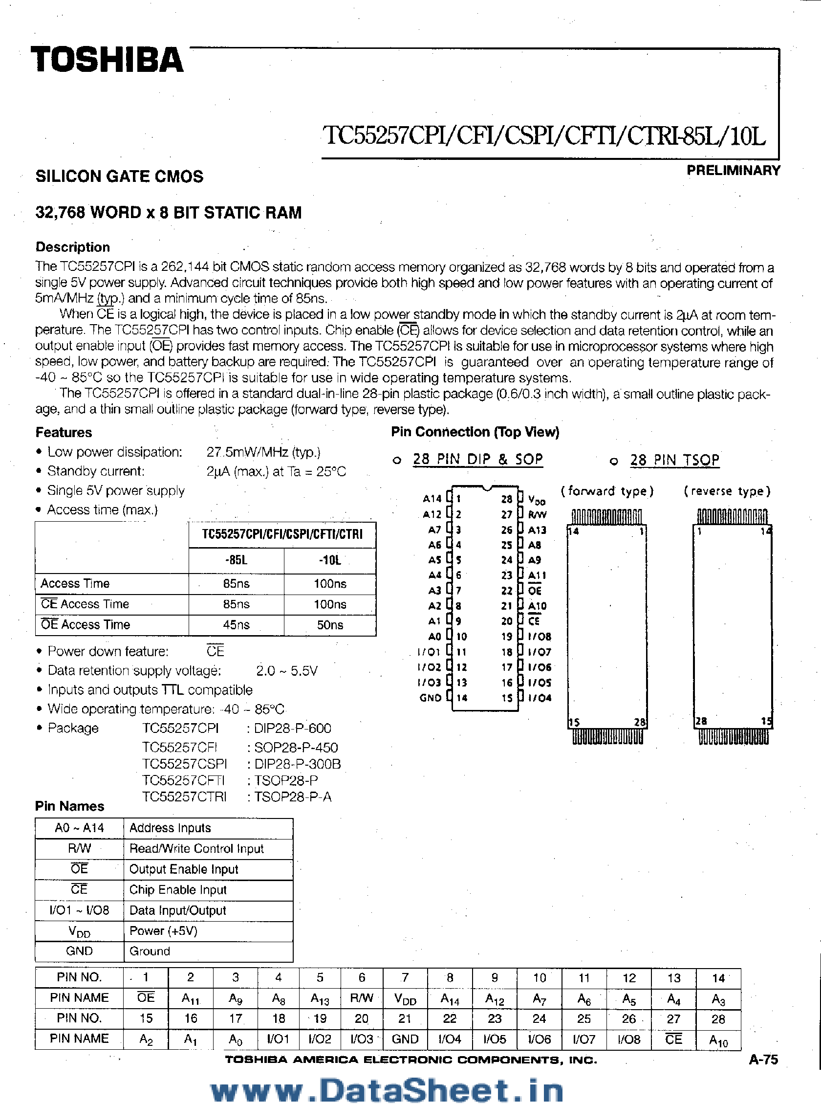 Datasheet TC55257CFI page 1 Datasheet TC55257CFI - (TC55257xxx) Silicon Gate CMOS page 1