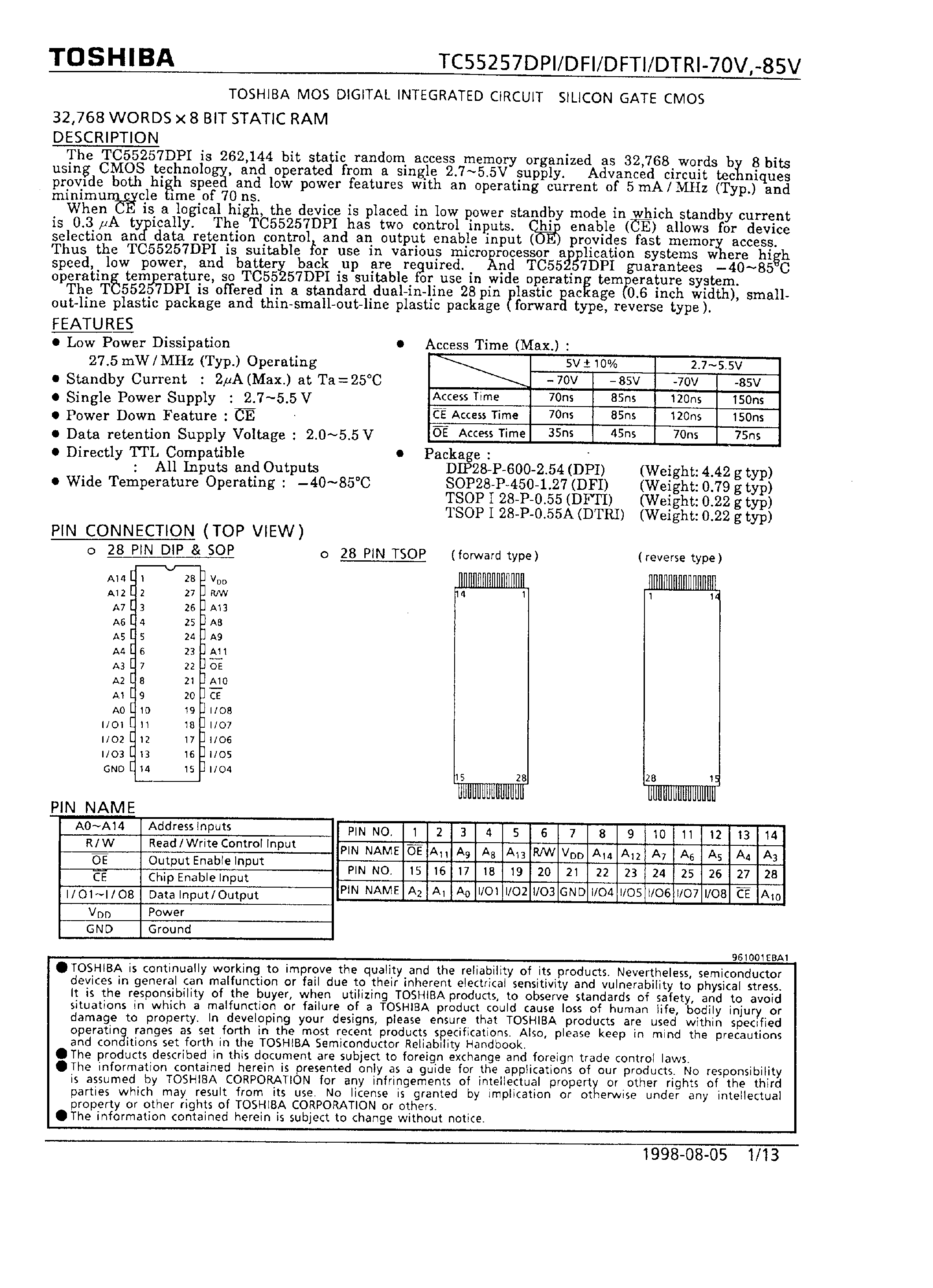 Datasheet TC55257DFI page 1 Datasheet TC55257DFI - (TC55257xxx) STATIC RAM page 1