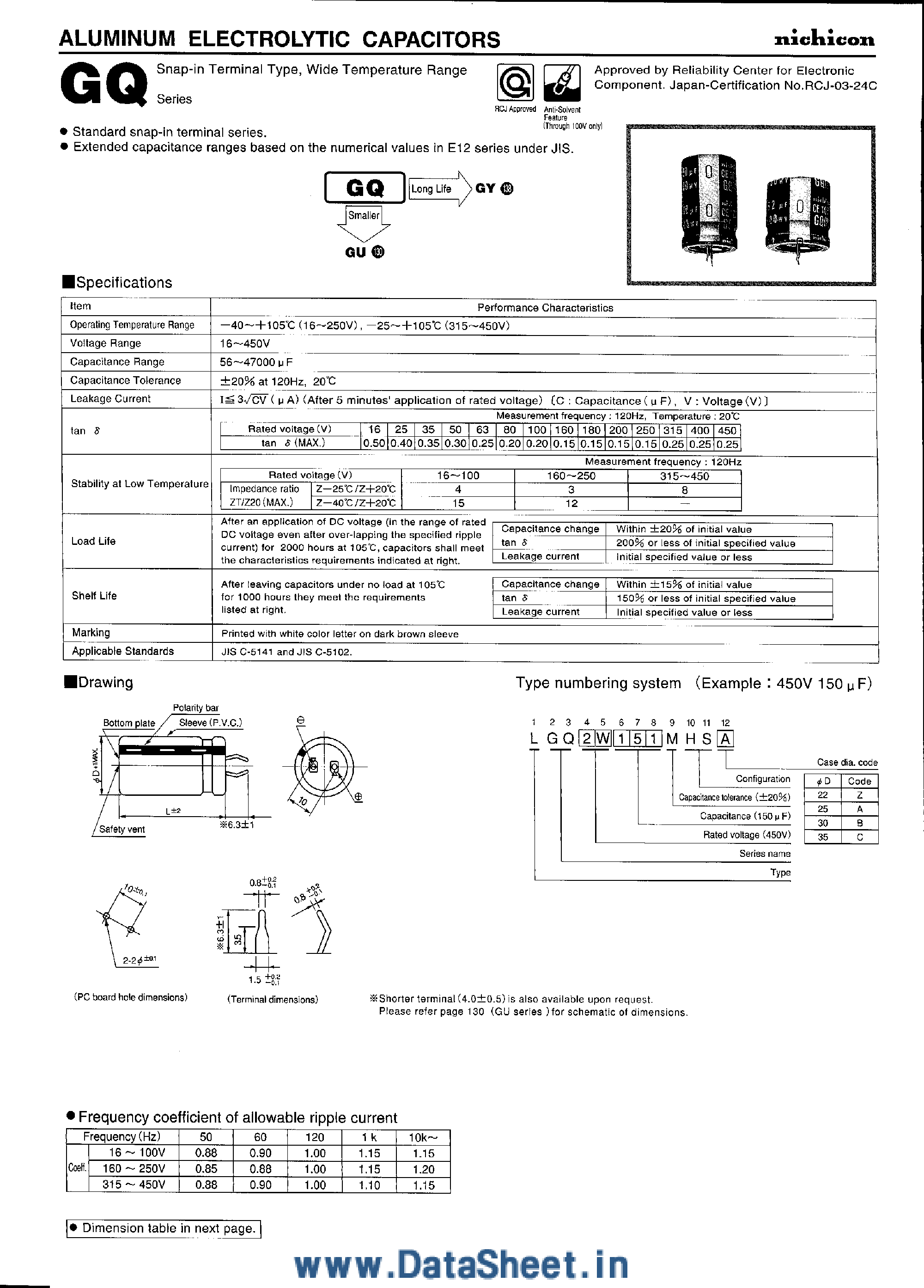 Datasheet LGQ1J332xxxx - Aluminum Electrolytic Capacitors page 1