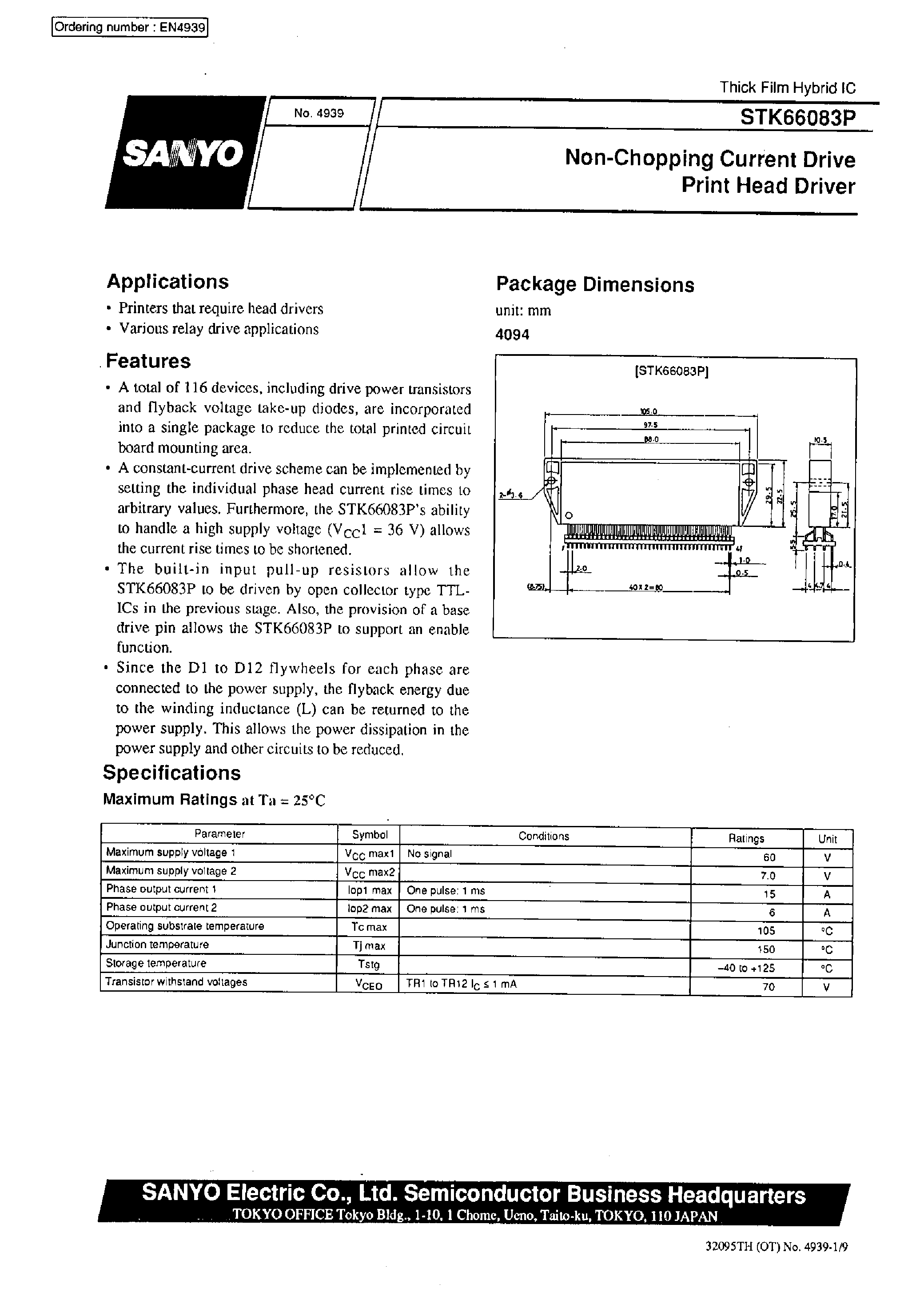 Datasheet STK66083P page 1 Datasheet STK66083P - Non-Chopping Current Drive Print Head Driver page 1