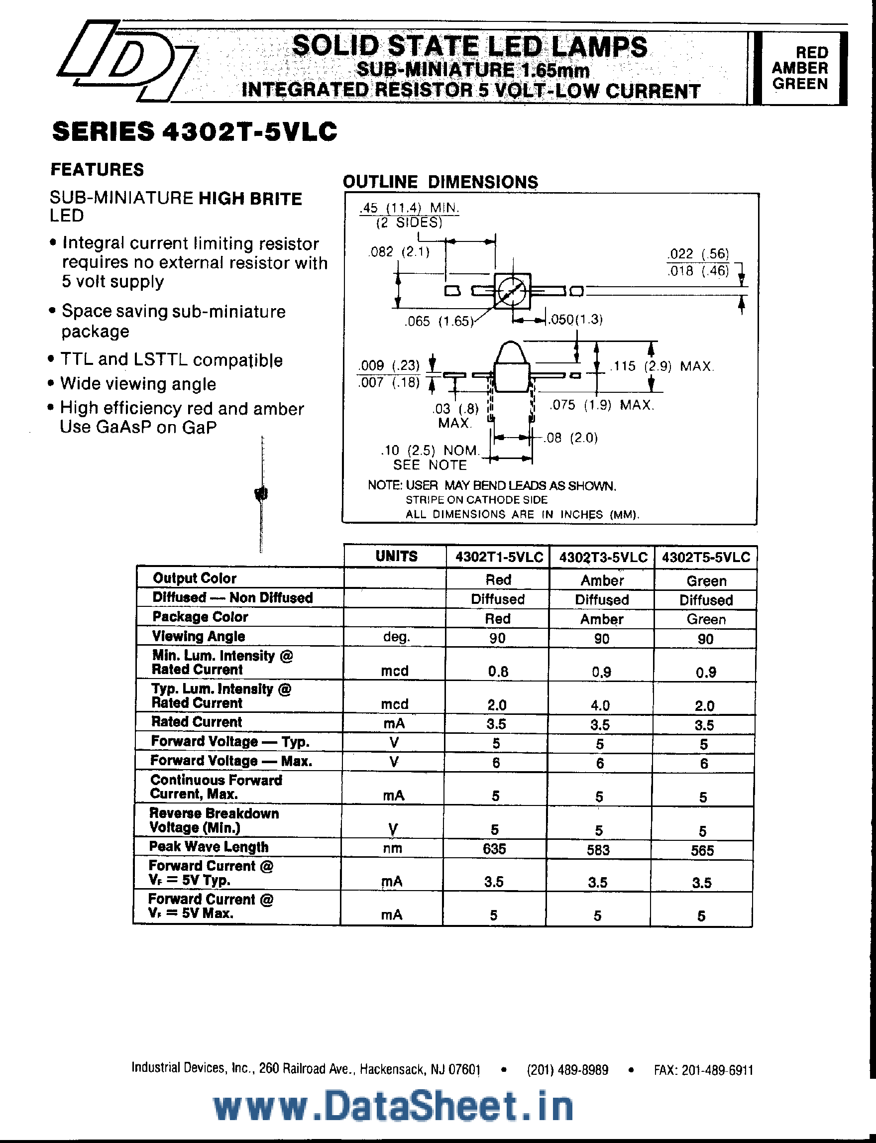 Datasheet 4302T page 1 Datasheet 4302T - Dolid State LED Lamps page 1