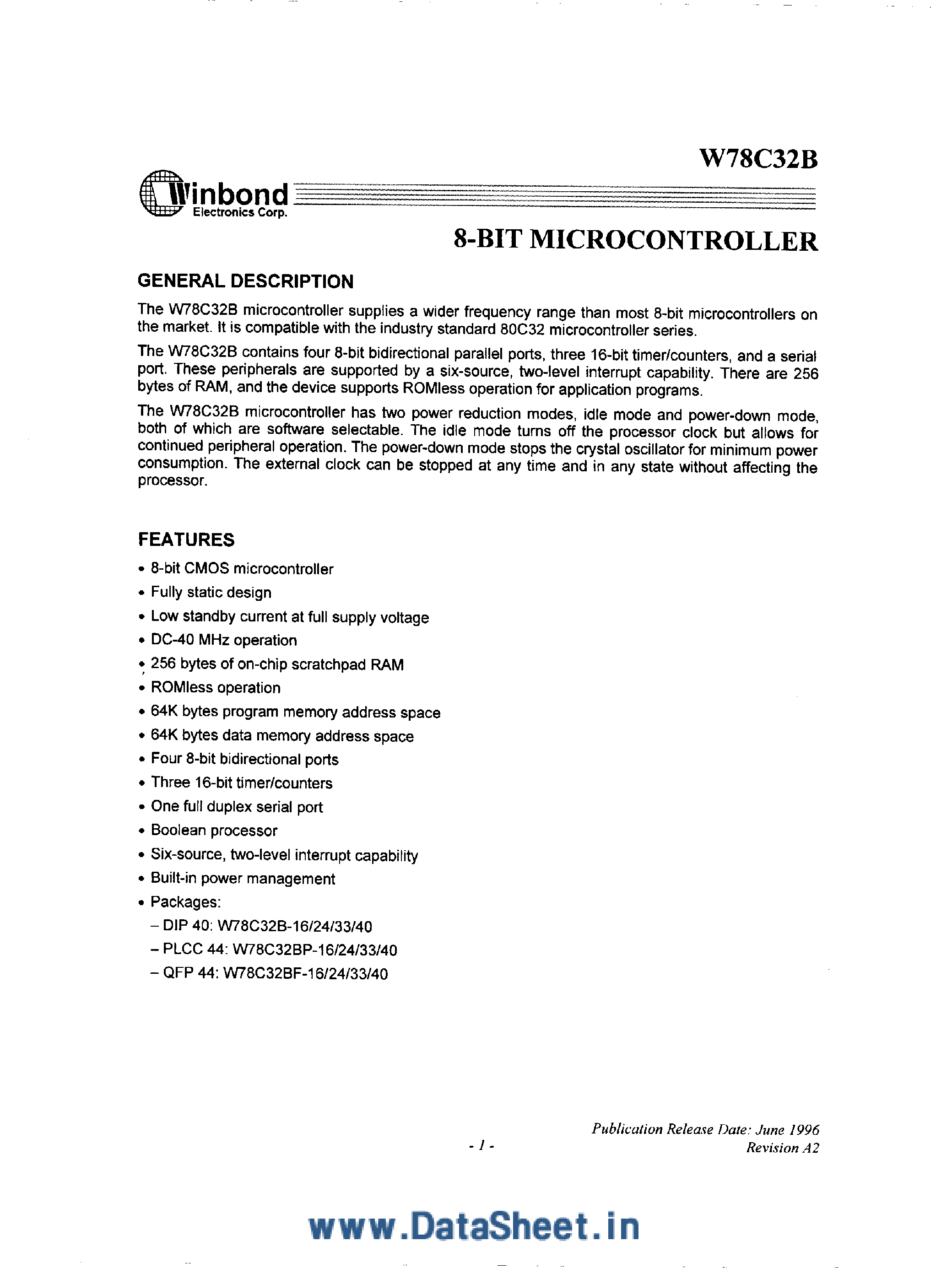 Datasheet W78C32B page 1 Datasheet W78C32B - 8-Bit Microcontroller page 1