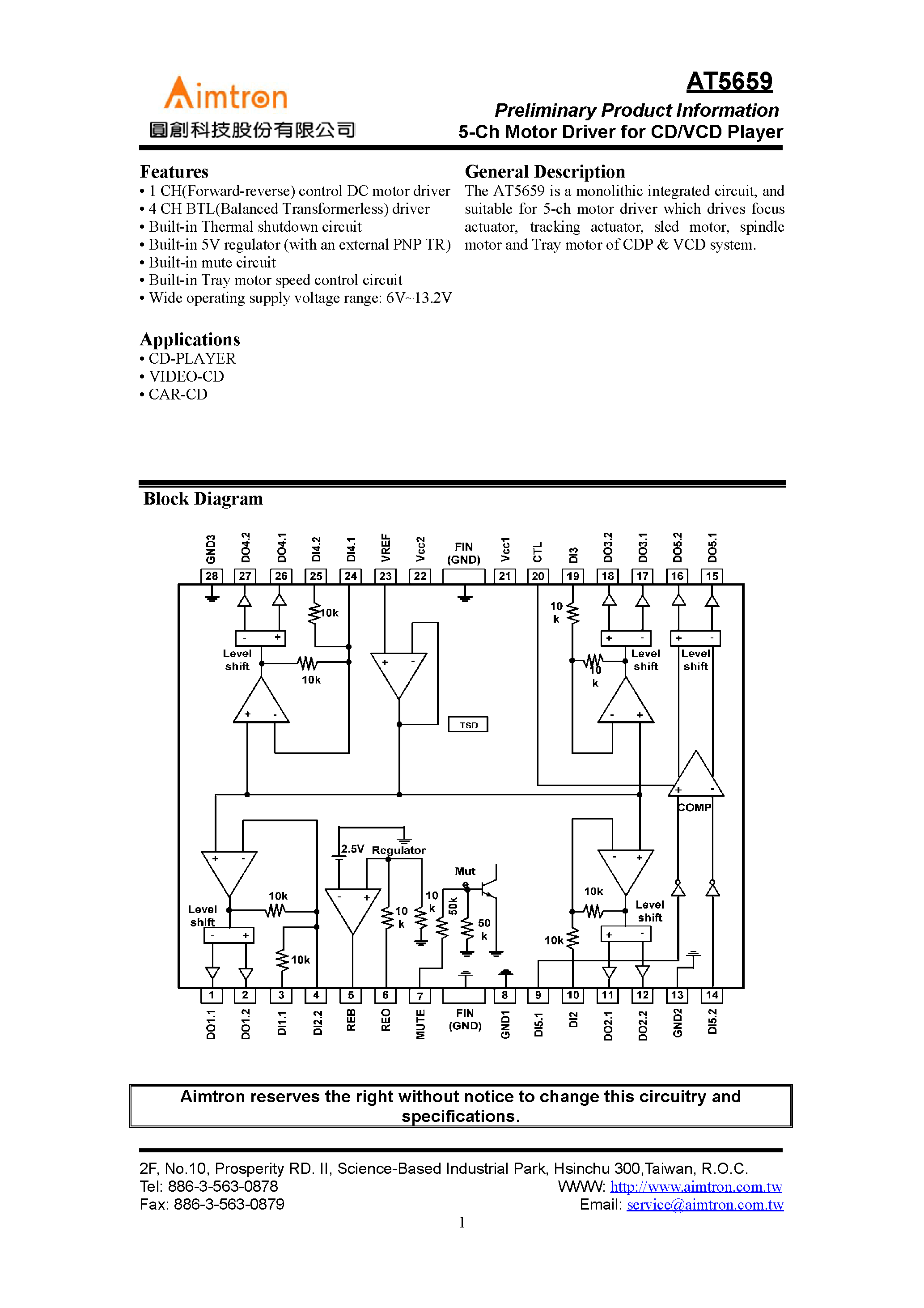 Datasheet AT5659 - 5-CH MOTOR DRIVER FOR DC/VCD PLAYER page 1