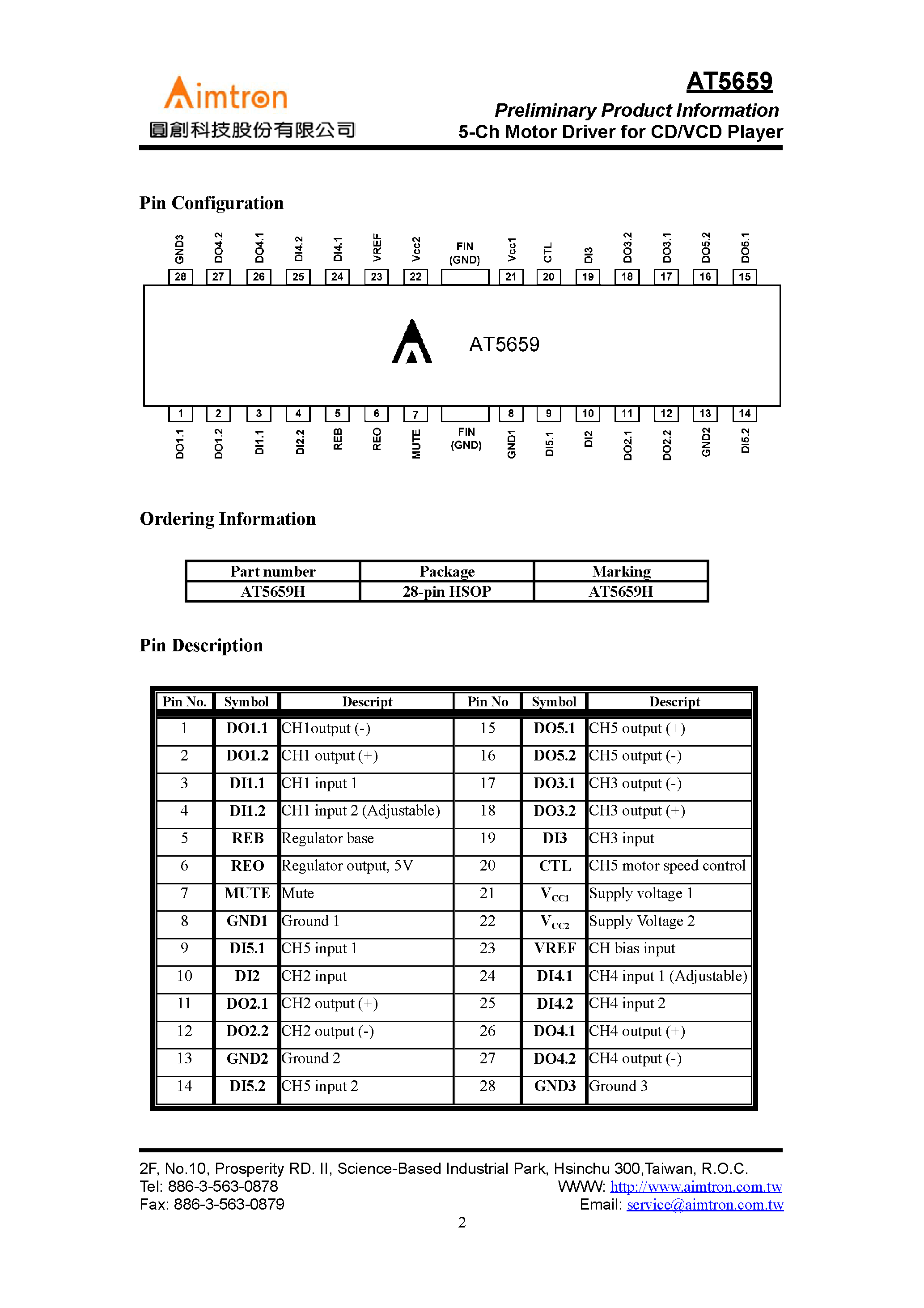 Datasheet AT5659 - 5-CH MOTOR DRIVER FOR DC/VCD PLAYER page 2