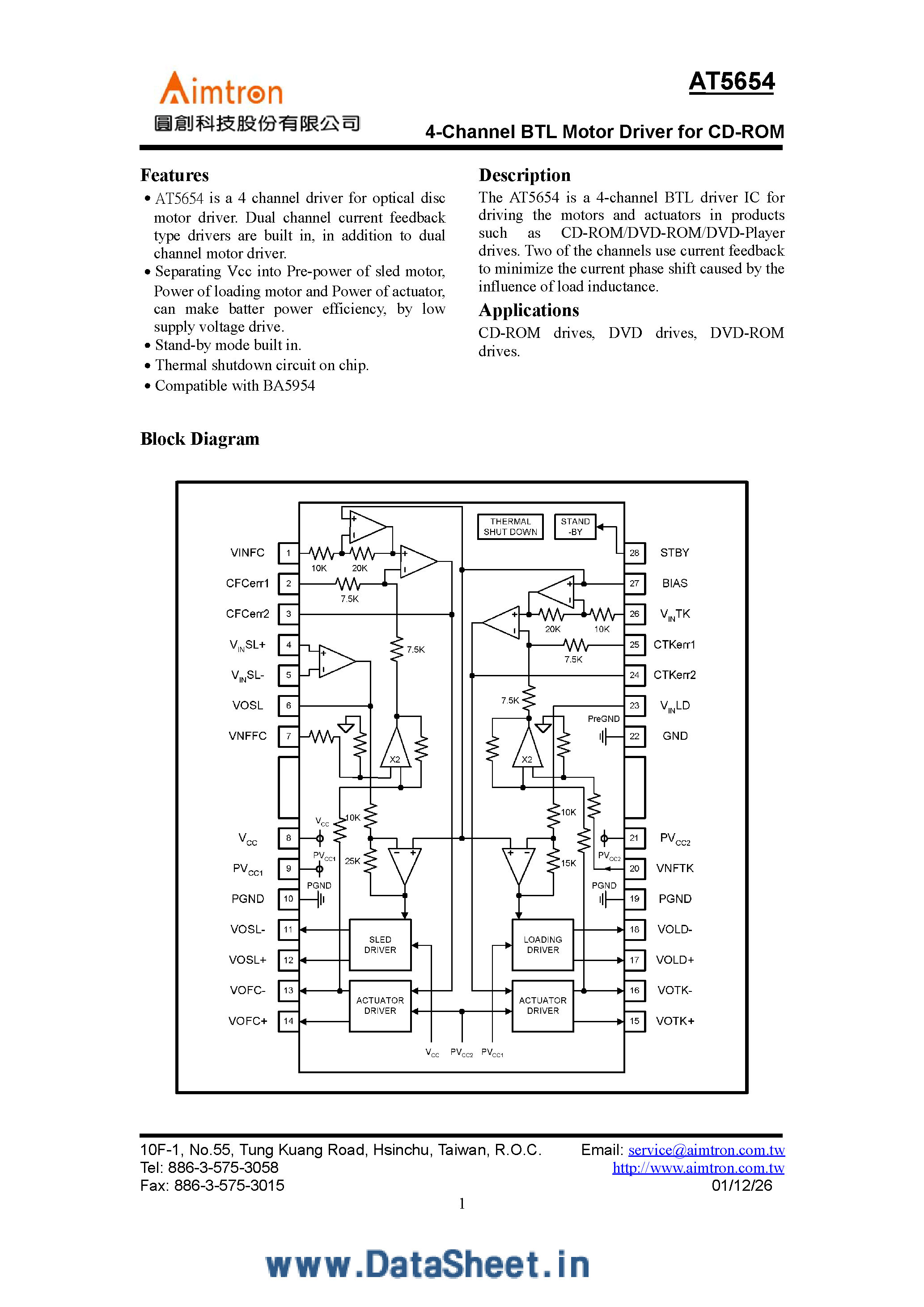 Datasheet AT5654 - 4-Channel BTL Motor Driver for CD-ROM page 1