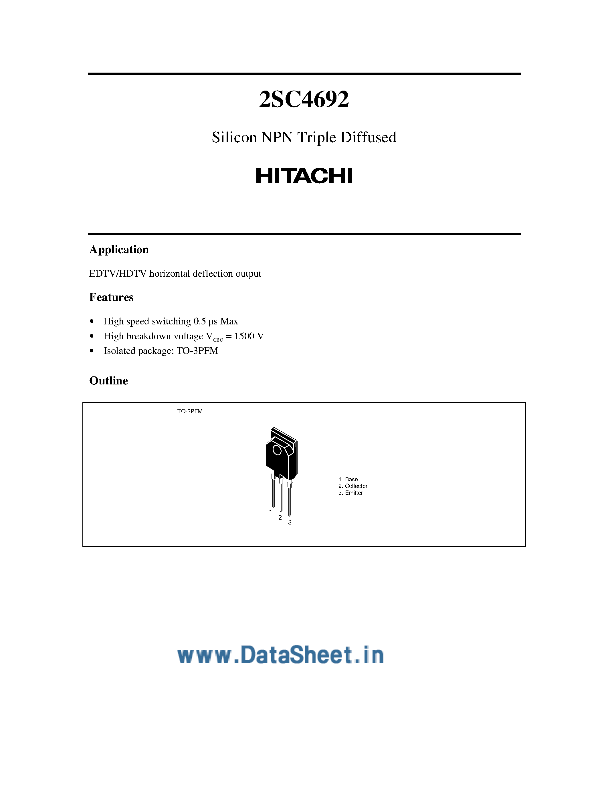 Datasheet 2SC4692 page 1 Datasheet 2SC4692 - Silicon NPN Triple Diffused page 1