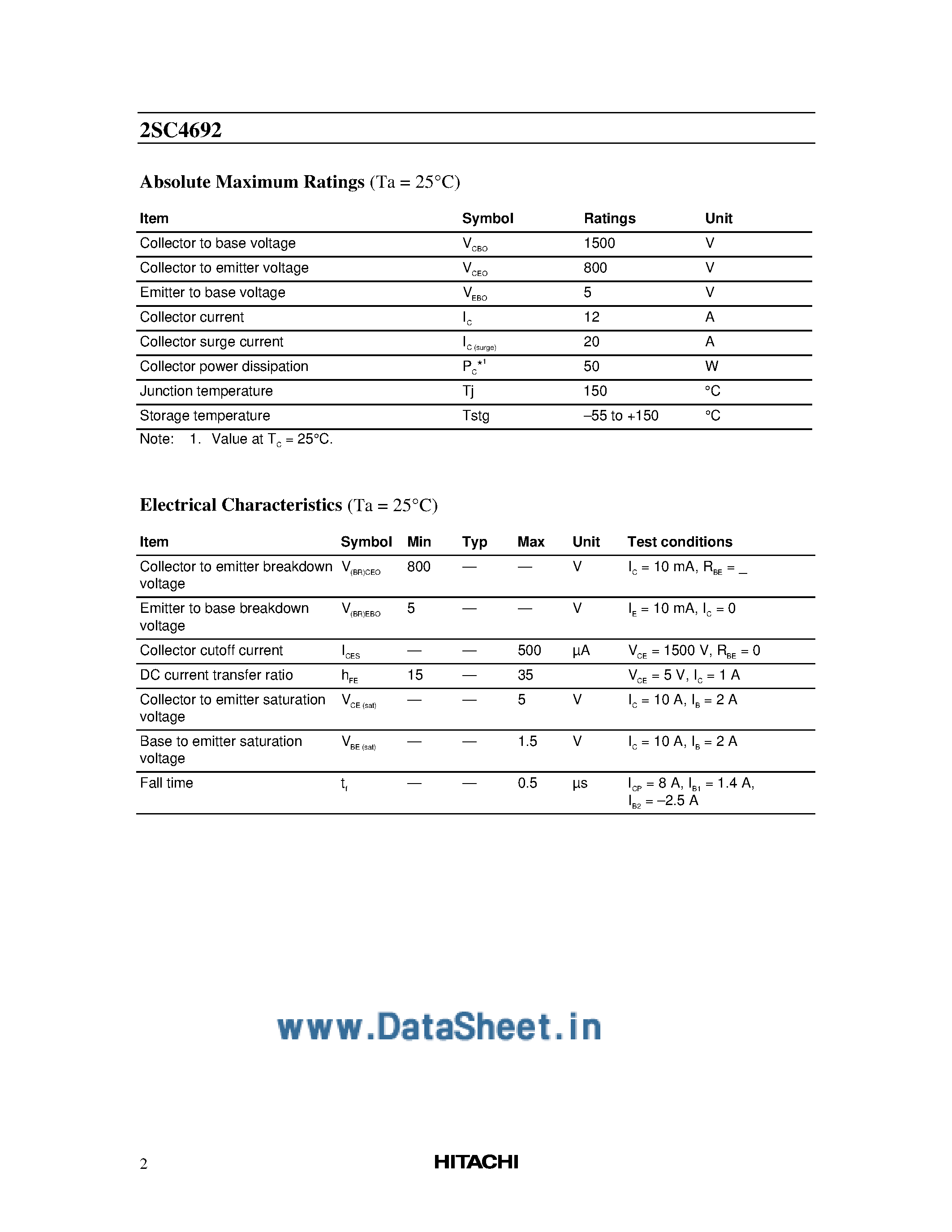 Datasheet 2SC4692 page 2 Datasheet 2SC4692 - Silicon NPN Triple Diffused page 2