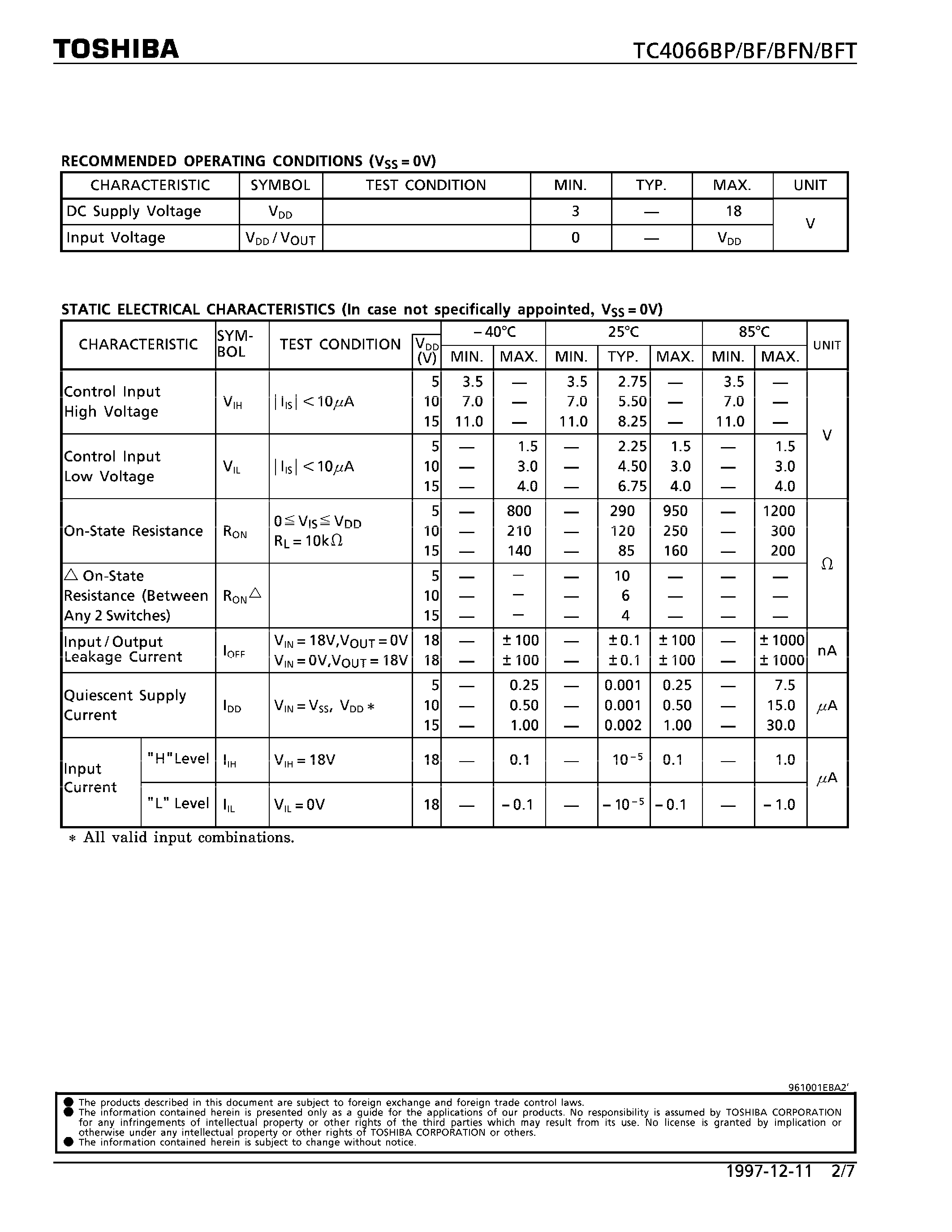 Даташит на микросхему TC4066BF страница 2 Даташит TC4066BF - QUAD BILATERAL SWITCH страница 2