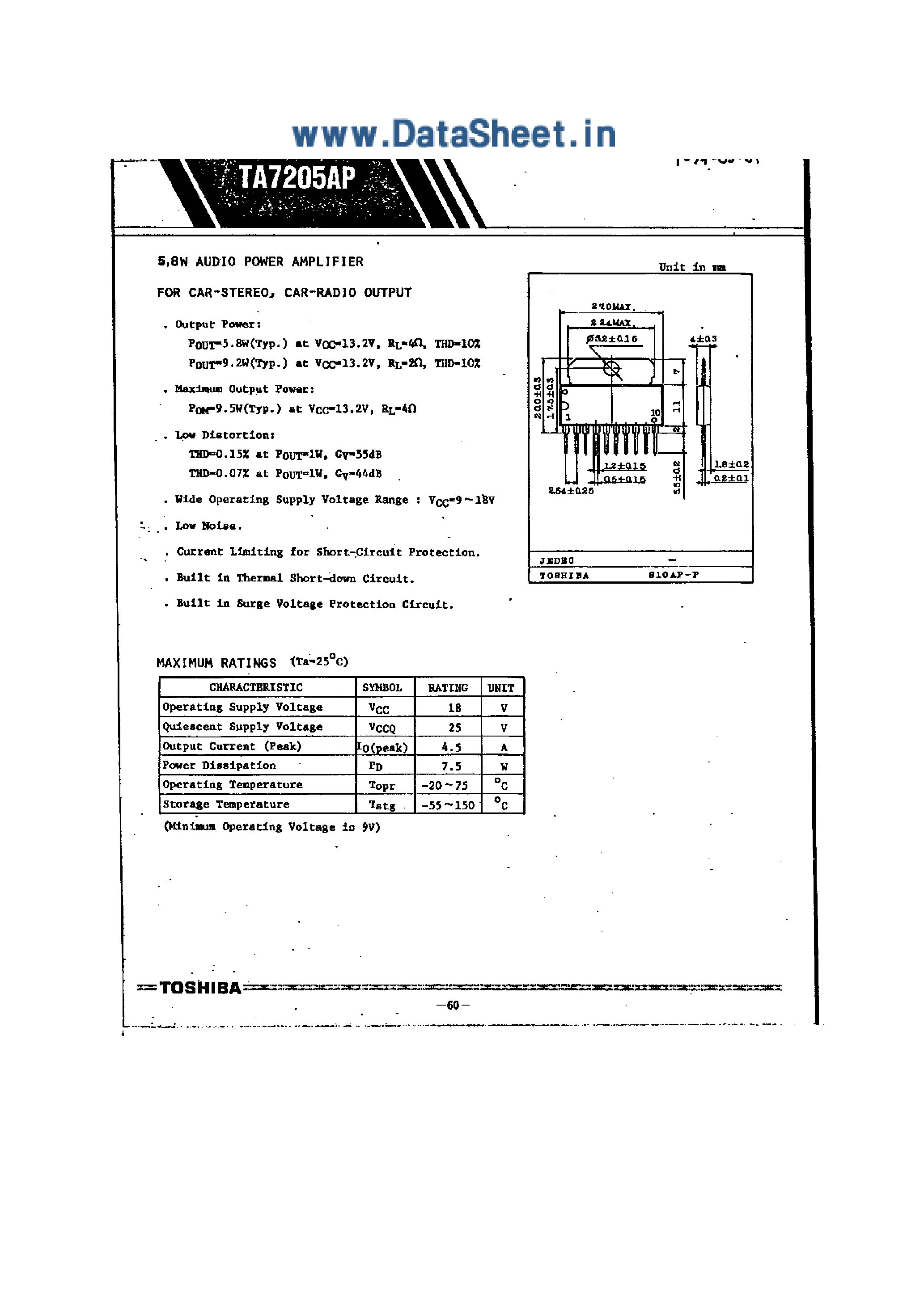 Datasheet TA7205AP - 5.8W AUDIO POWER AMPLIFIER FOR CAR-STEREO / CAR-RADIO OUTPUT page 1