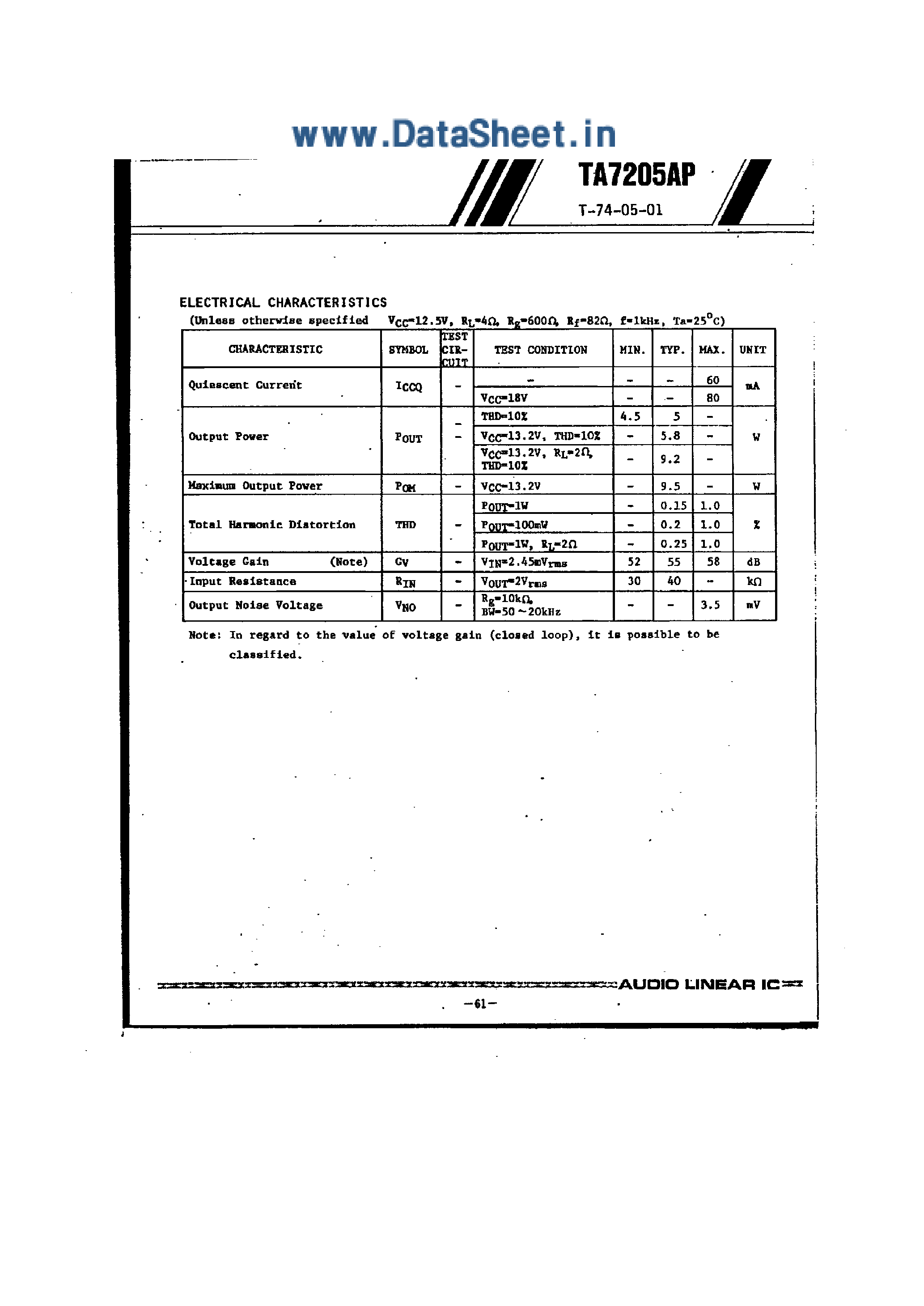 Datasheet TA7205AP - 5.8W AUDIO POWER AMPLIFIER FOR CAR-STEREO / CAR-RADIO OUTPUT page 2